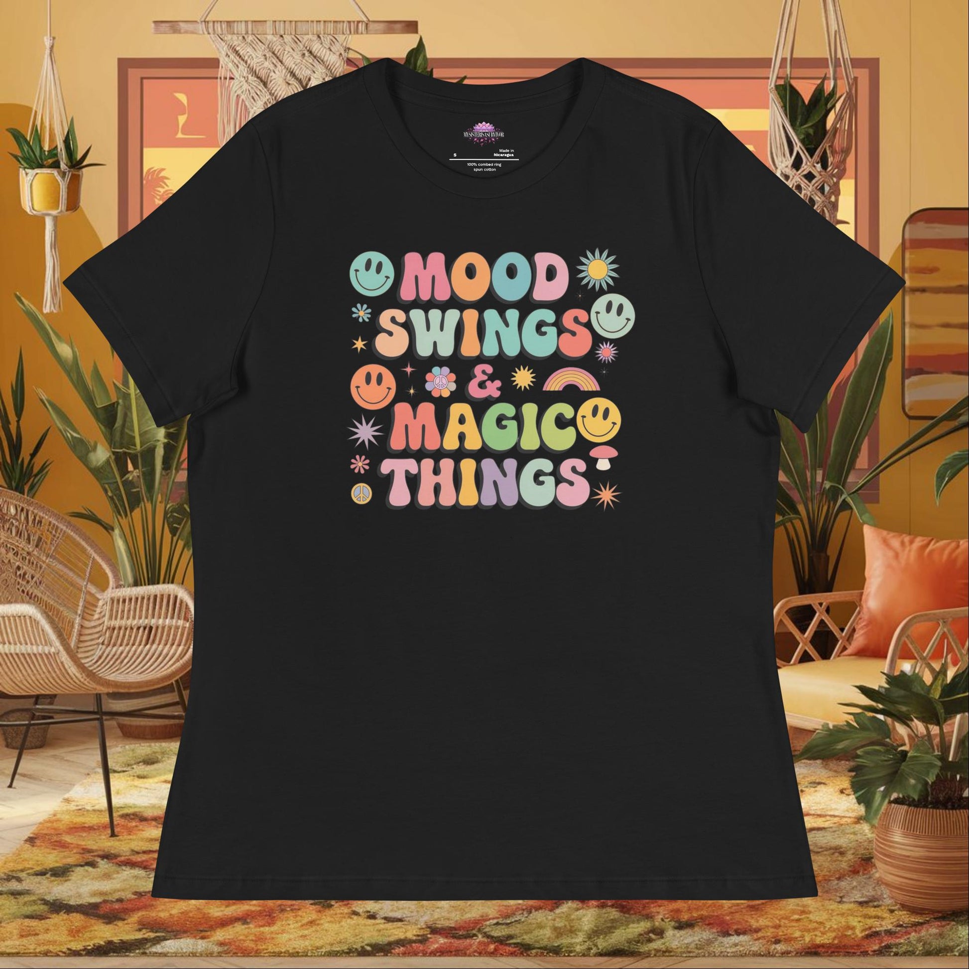 “Mood Swings & Magic Things” women’s relaxed fit tee with whimsical self-care design