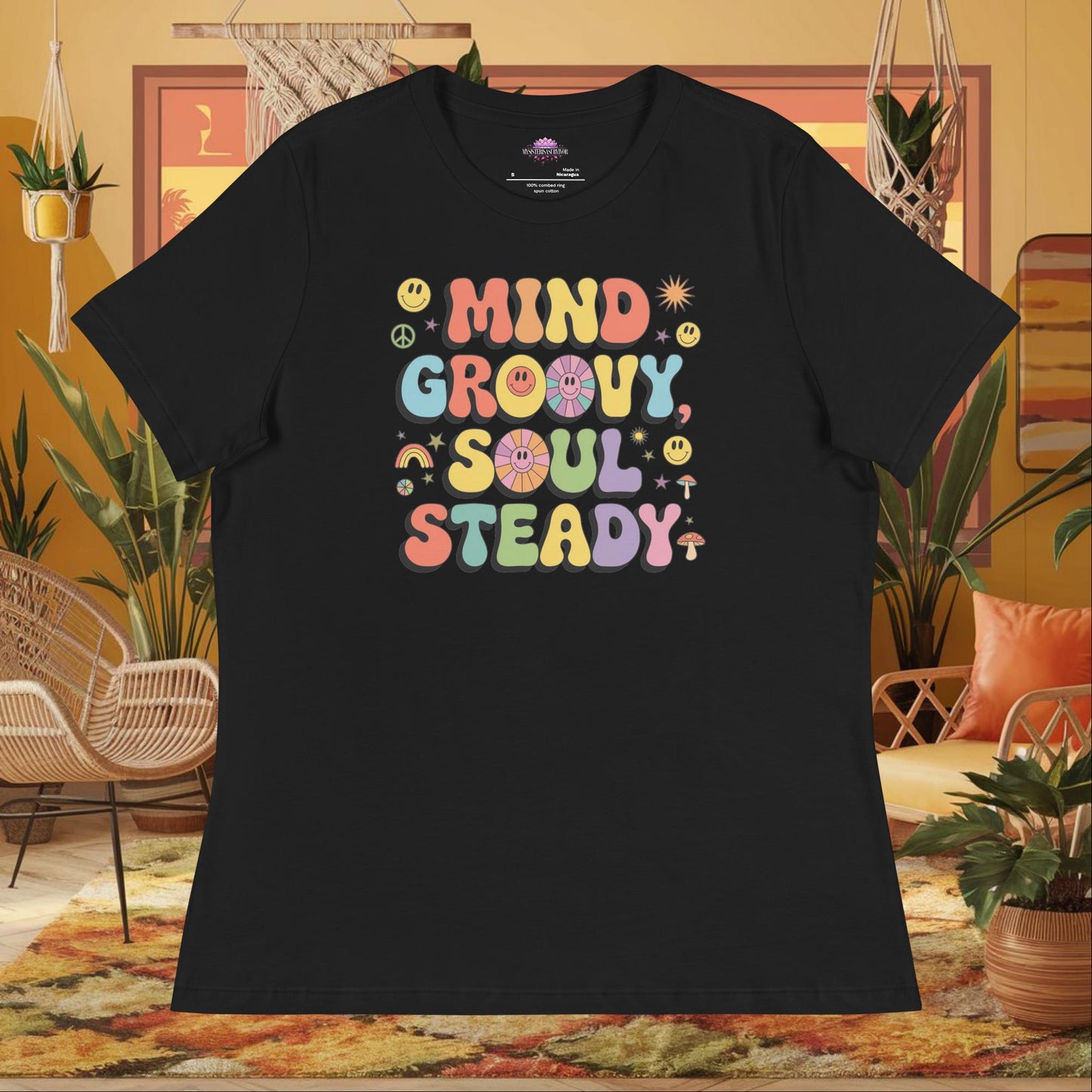 “Mind Groovy, Soul Steady” women’s relaxed t-shirt displaying positive energy wellness quote