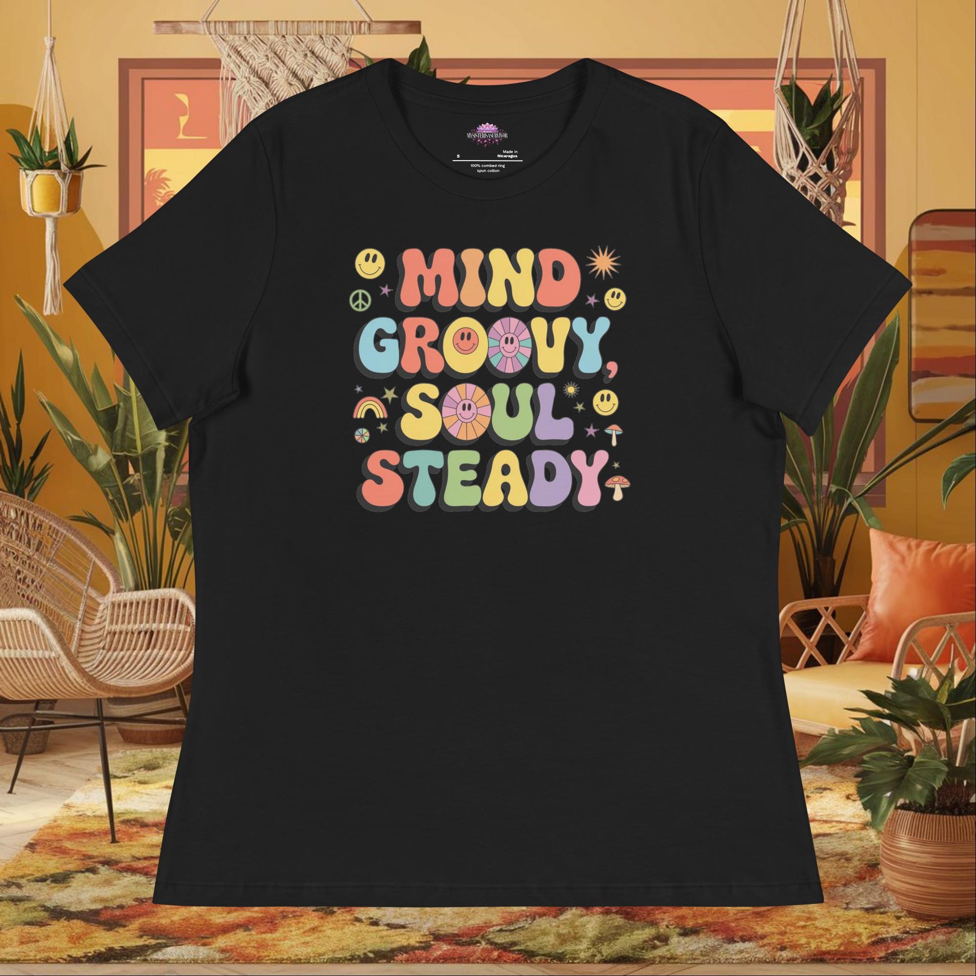 “Mind Groovy, Soul Steady” women’s relaxed t-shirt displaying positive energy wellness quote