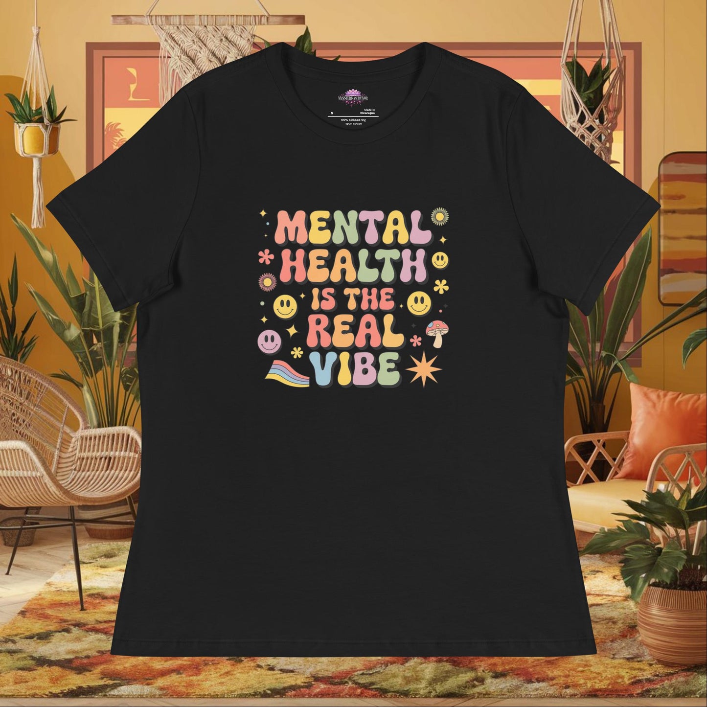 “Mental Health Is the Real Vibe” women’s relaxed fit tee with healing and therapy message
