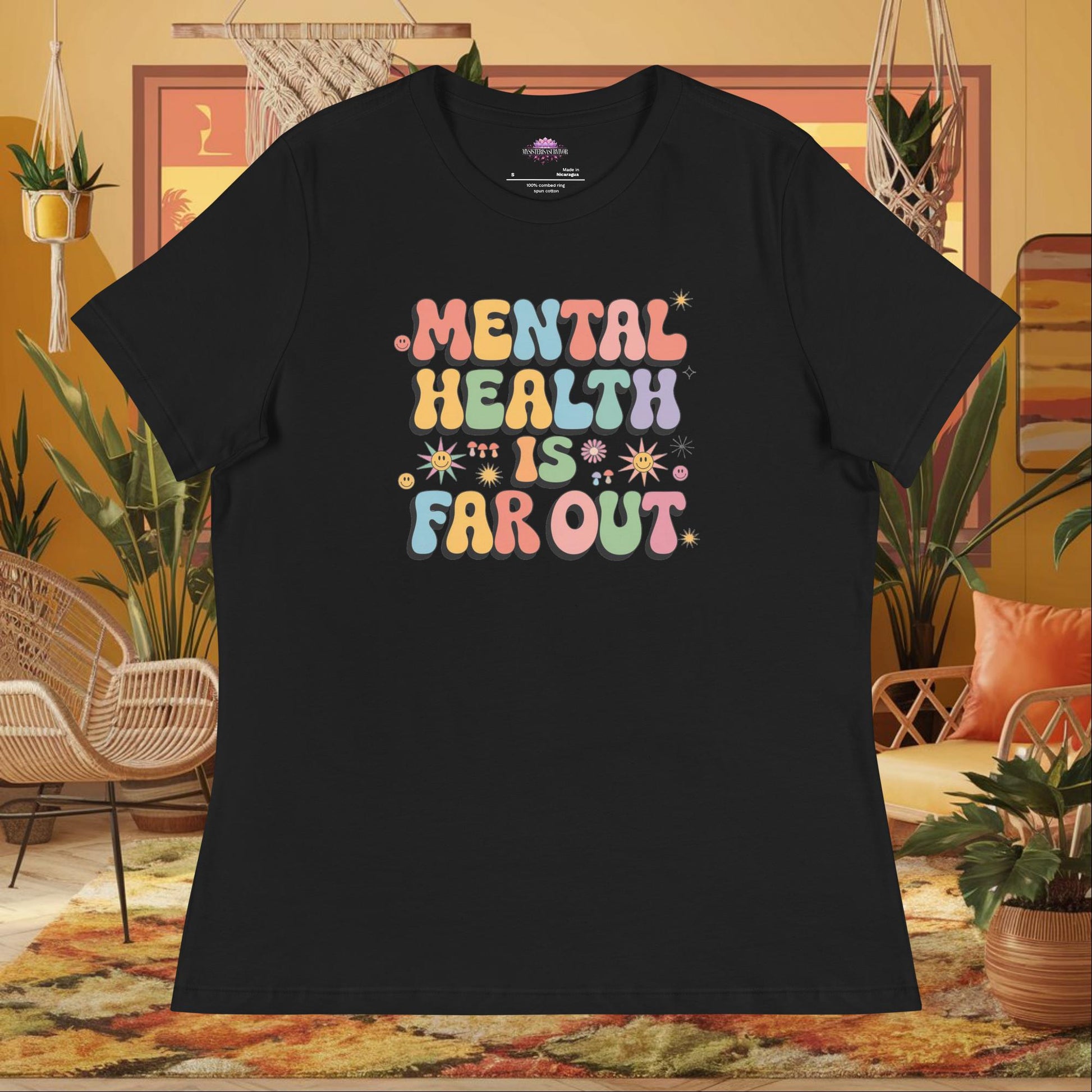 “Mental Health Is Far Out” women’s relaxed t-shirt featuring a retro 70s therapy-inspired design
