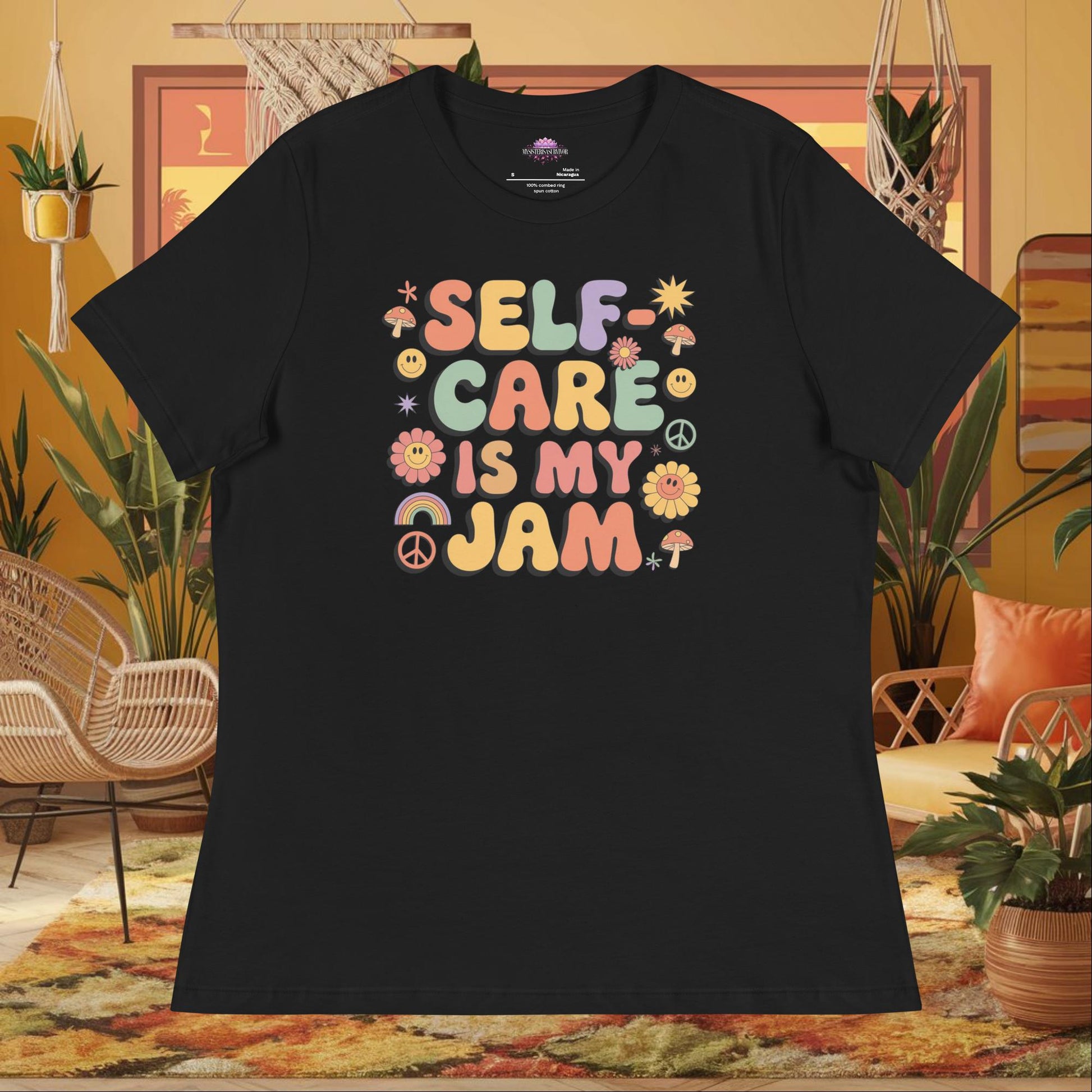 “Self-Care Is My Jam” women’s relaxed fit tee displaying self-love mental health design