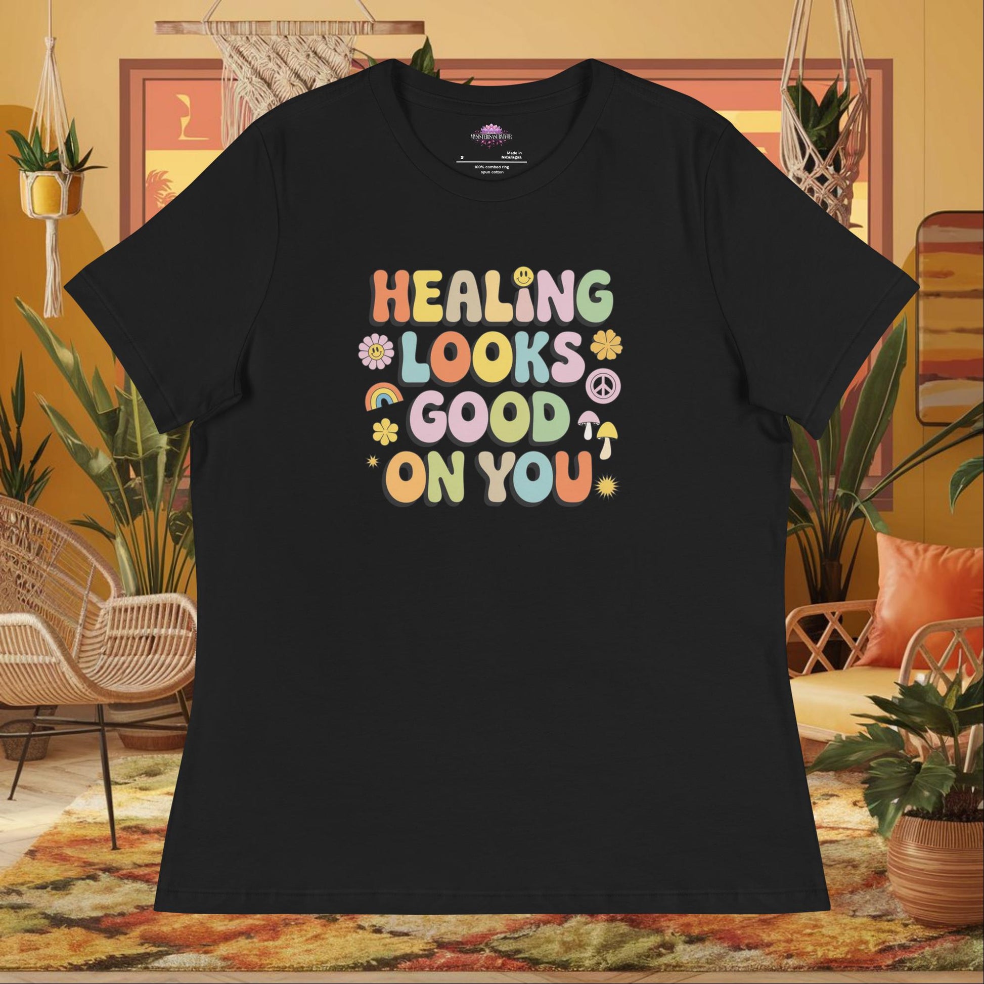 “Healing Looks Good on You” women’s relaxed t-shirt with self-care affirmation mental health message