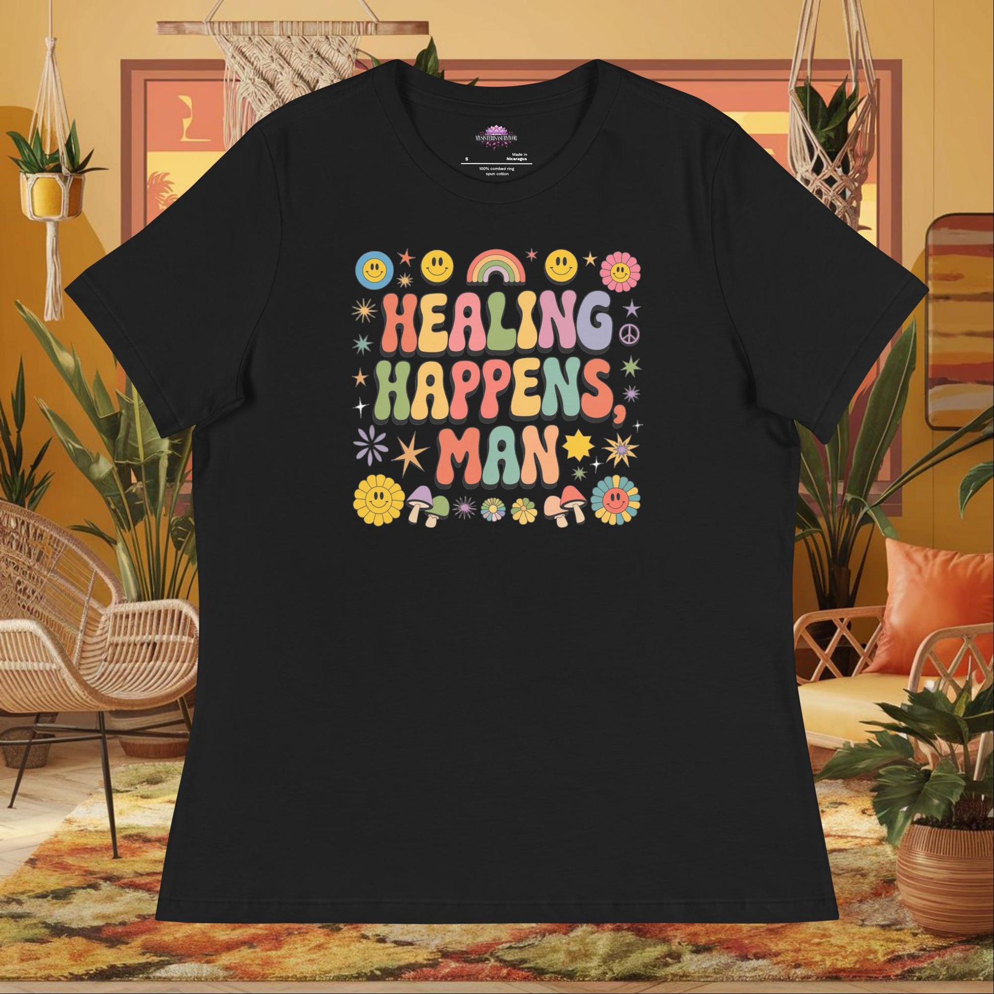 “Healing Happens, Man” women’s relaxed fit t-shirt displaying a retro mental health support design