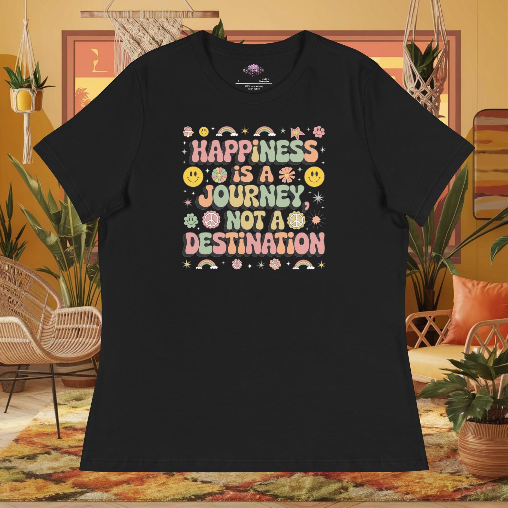 “Happiness Is a Journey Not a Destination” women’s relaxed tee featuring mindfulness wellness quote
