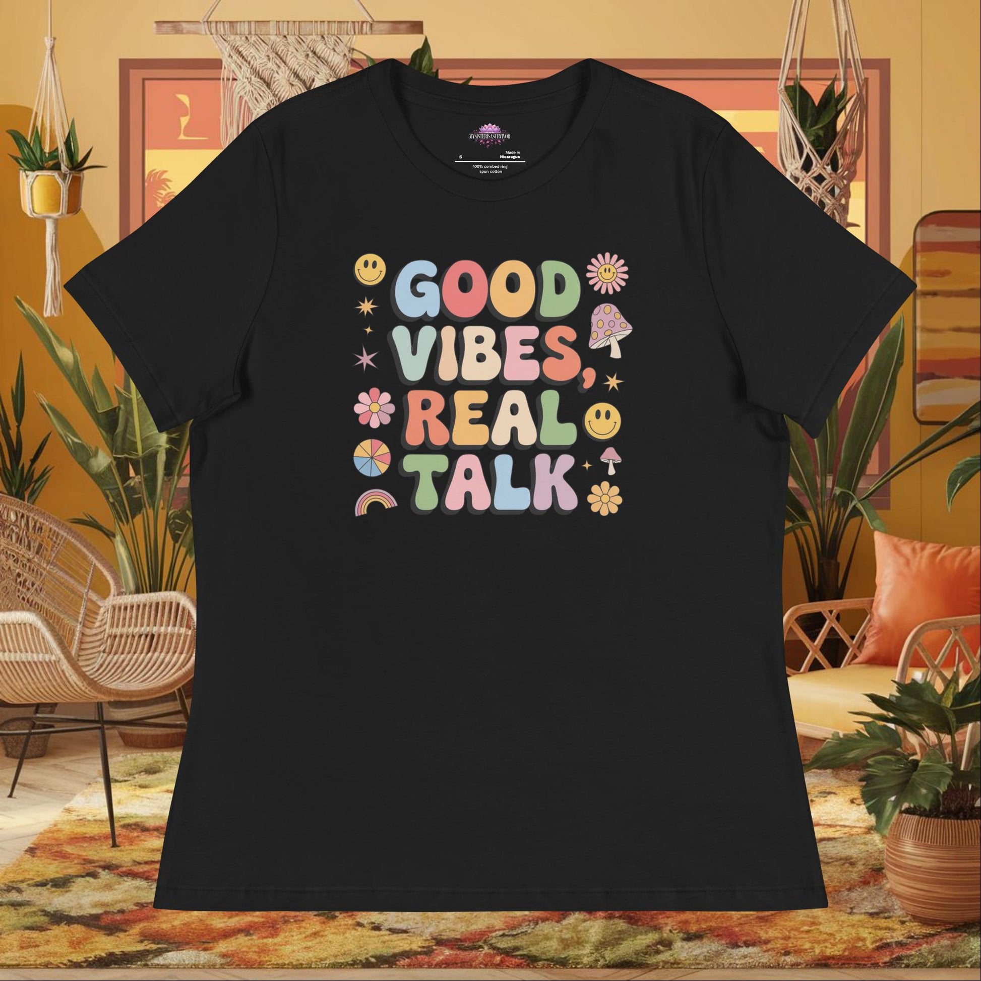“Good Vibes, Real Talk” women’s relaxed t-shirt featuring a mental health healing affirmation design