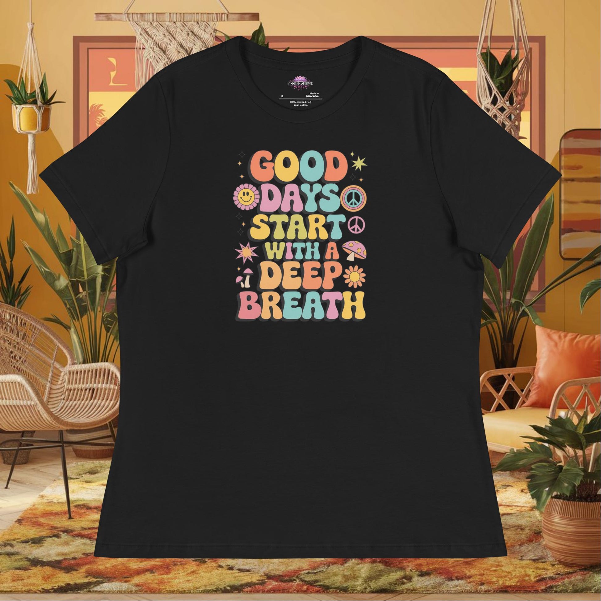 “Good Days Start with a Deep Breath” women’s relaxed fit tee with anxiety relief wellness quote