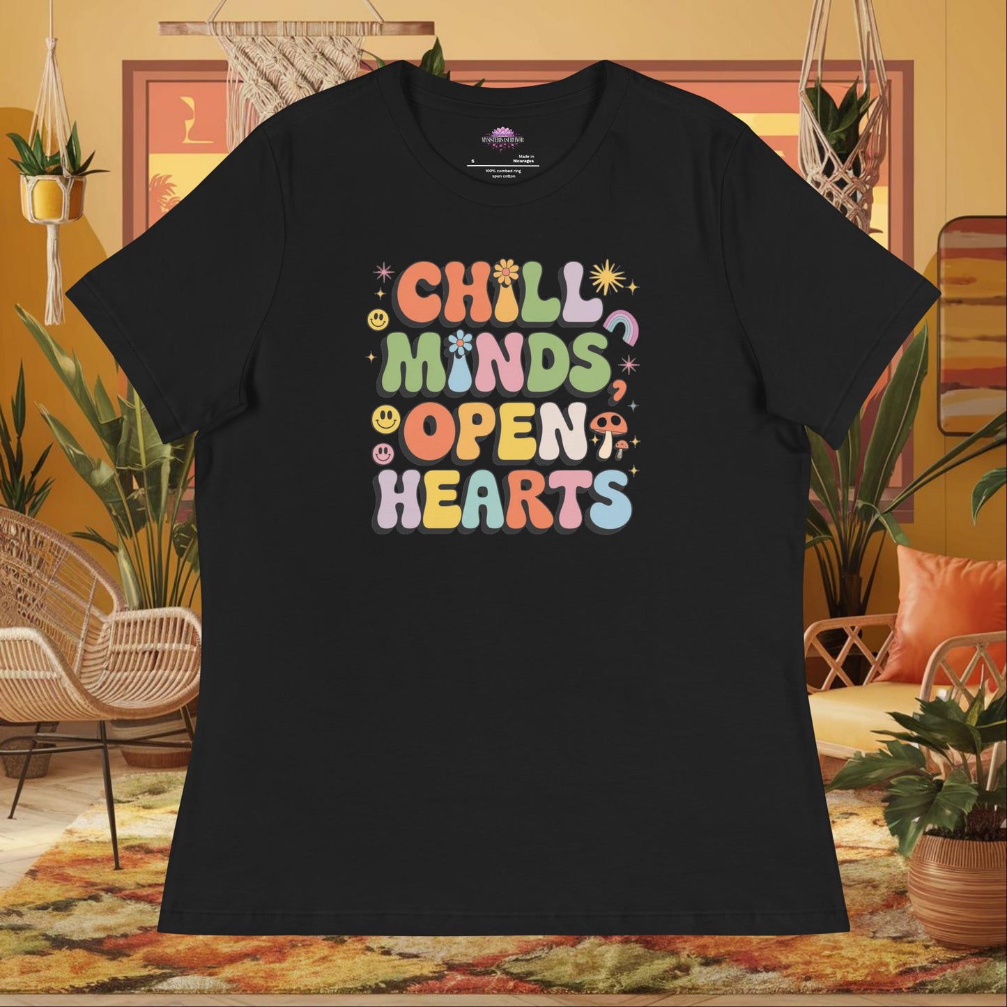 “Chill Minds Open Hearts” women’s relaxed t-shirt with positive mental health and wellness message
