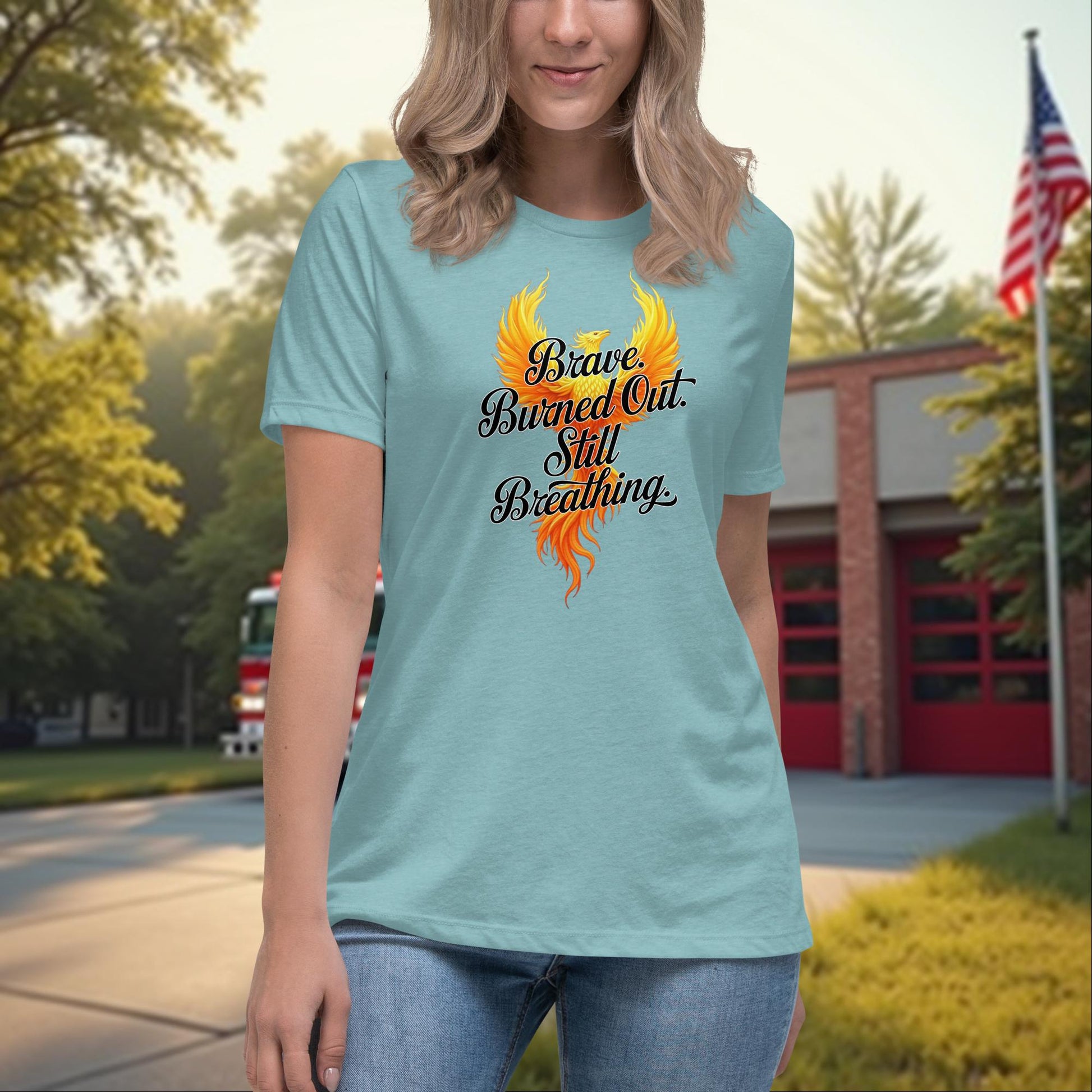 Brave. Burned Out. firefighter women’s relaxed t-shirt, mental health and burnout awareness support shirt