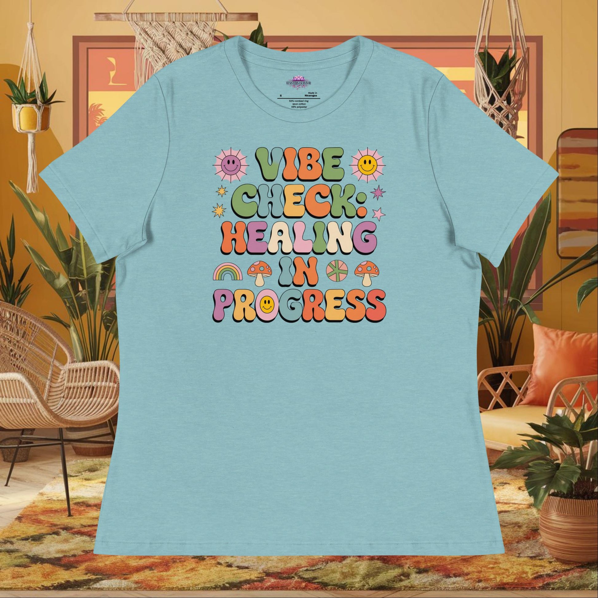 “Vibe Check Healing in Progress” women’s relaxed t-shirt featuring positive mental health design
