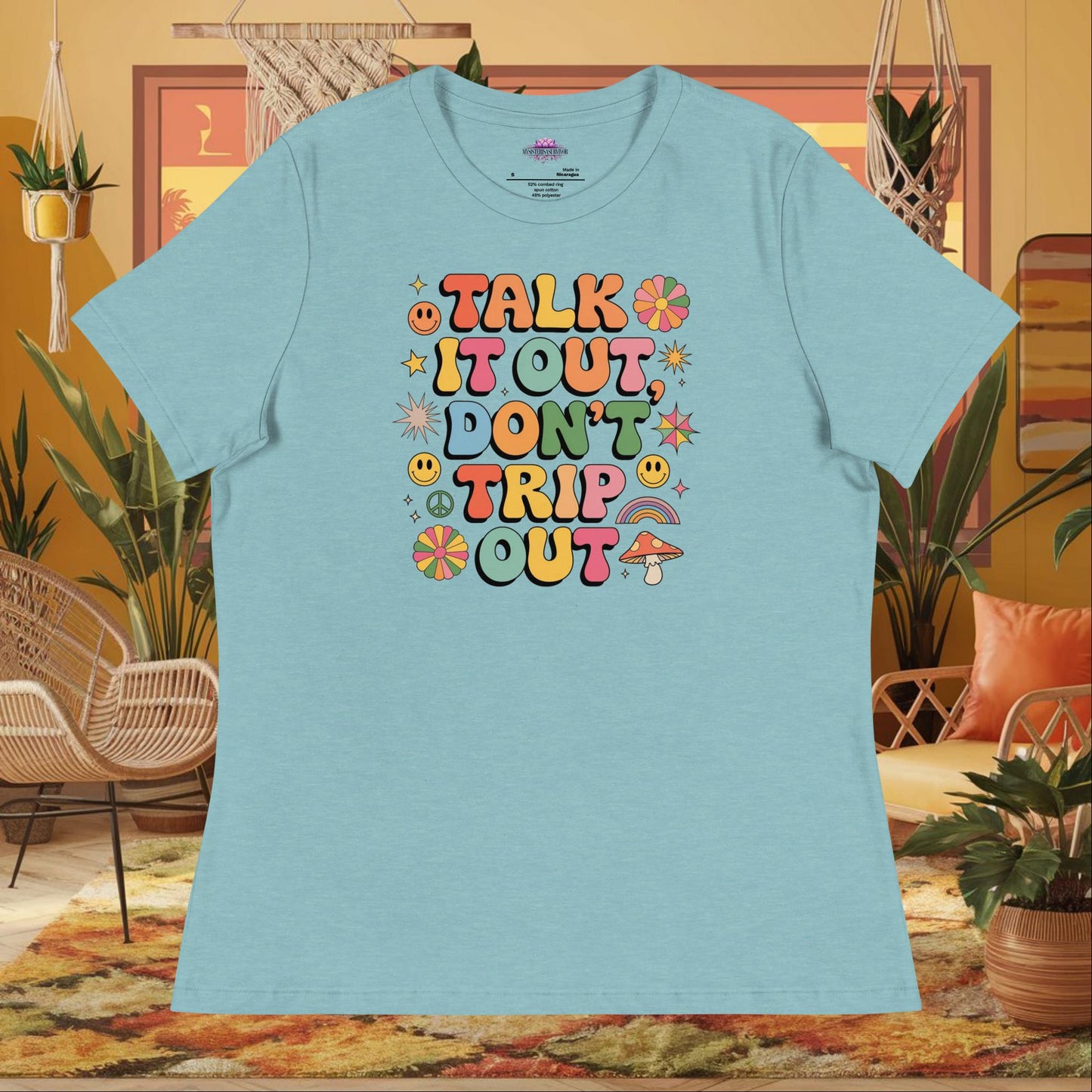“Talk It Out Don’t Trip Out” women’s relaxed fit tee displaying therapy mental health support quote