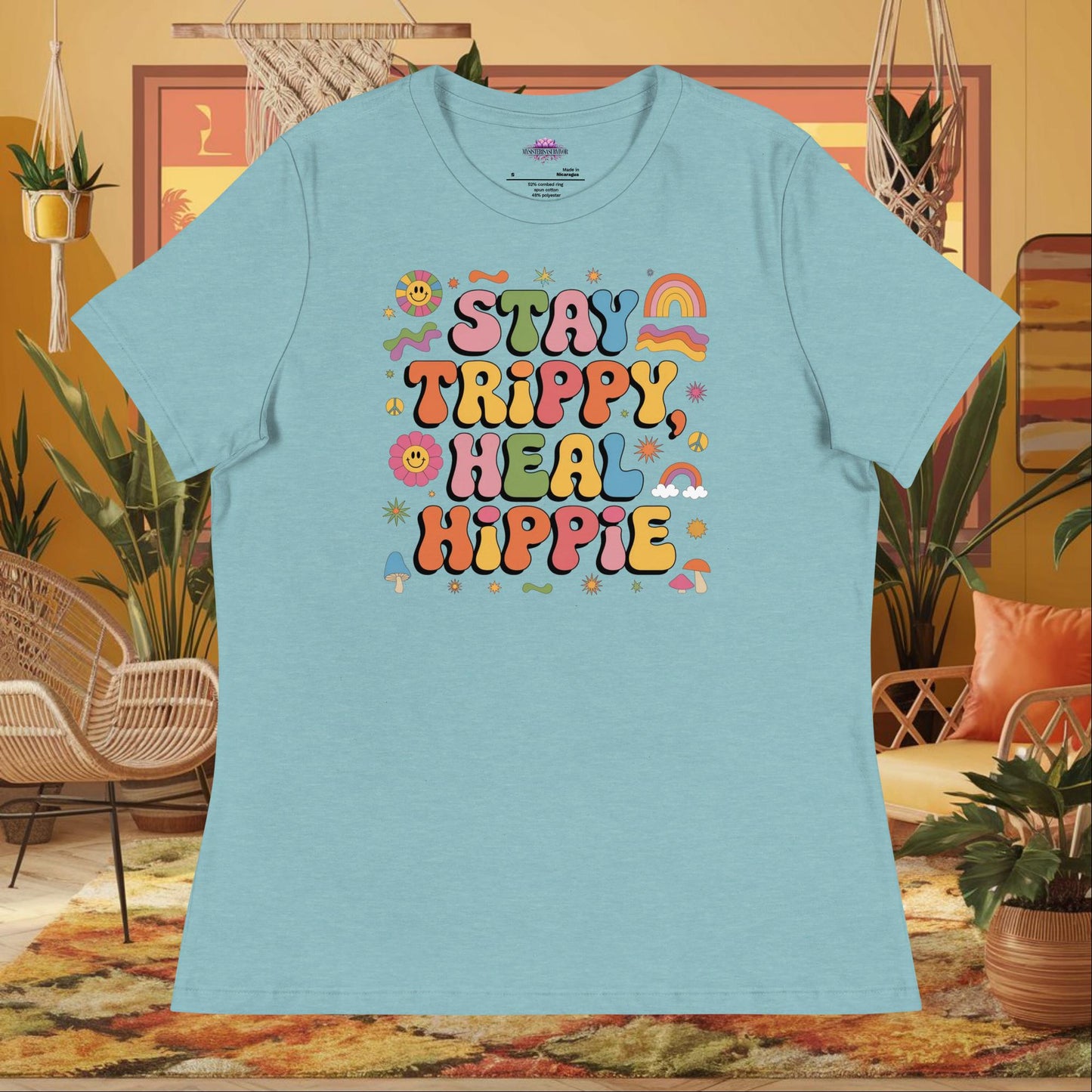 “Stay Trippy, Heal Hippie” women’s relaxed fit tee featuring positive healing mental health design