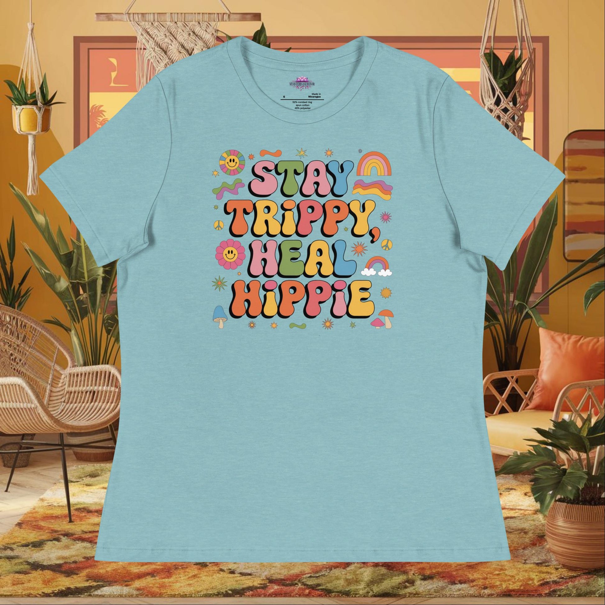 “Stay Trippy, Heal Hippie” women’s relaxed fit tee featuring positive healing mental health design