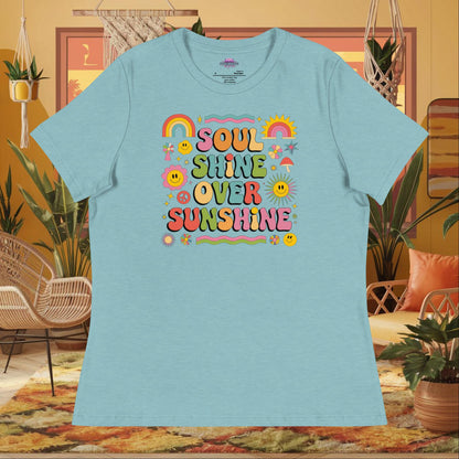 “Soul Shine Over Sunshine” women’s relaxed t-shirt with spiritual wellness mental health quote