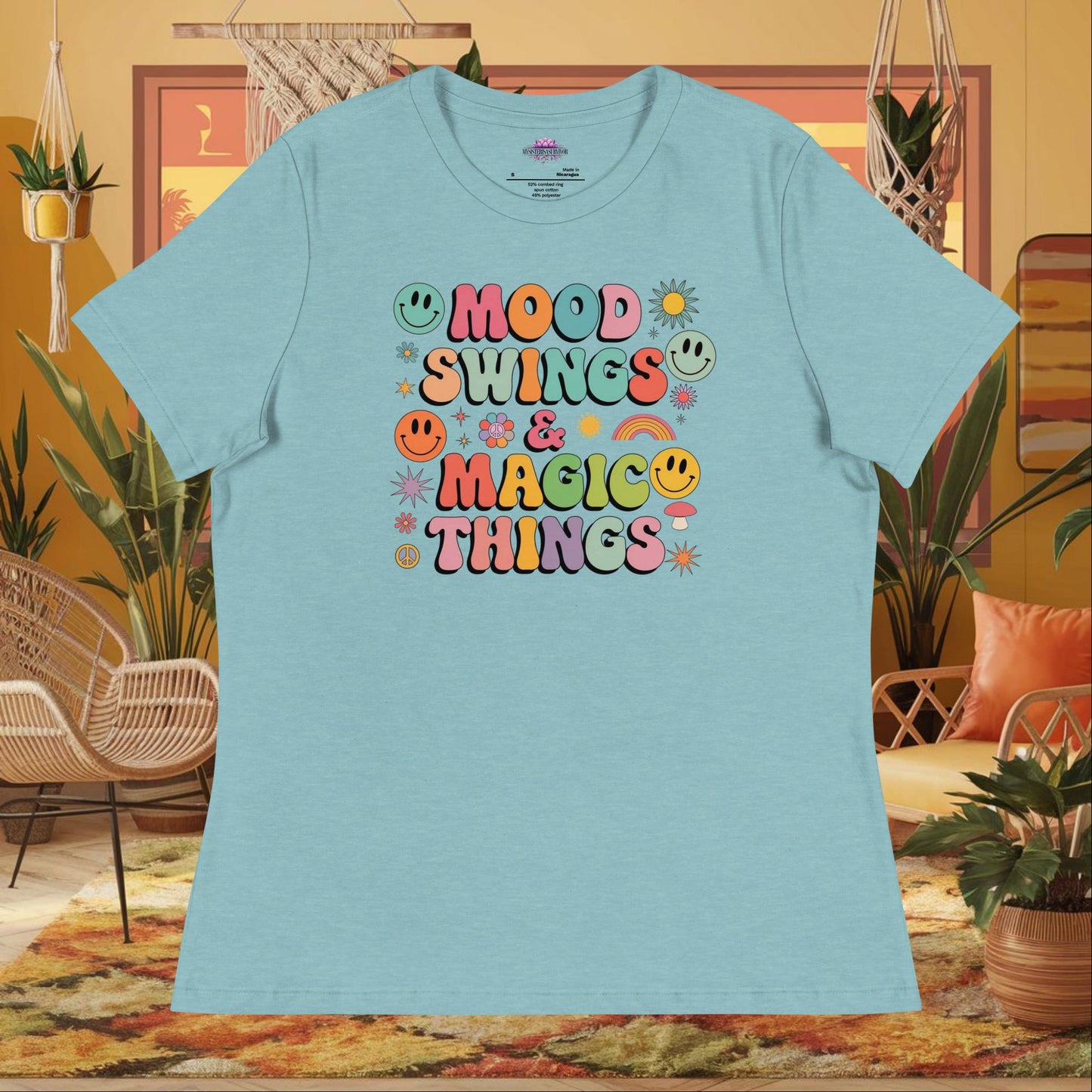 “Mood Swings & Magic Things” women’s relaxed fit tee with whimsical self-care design