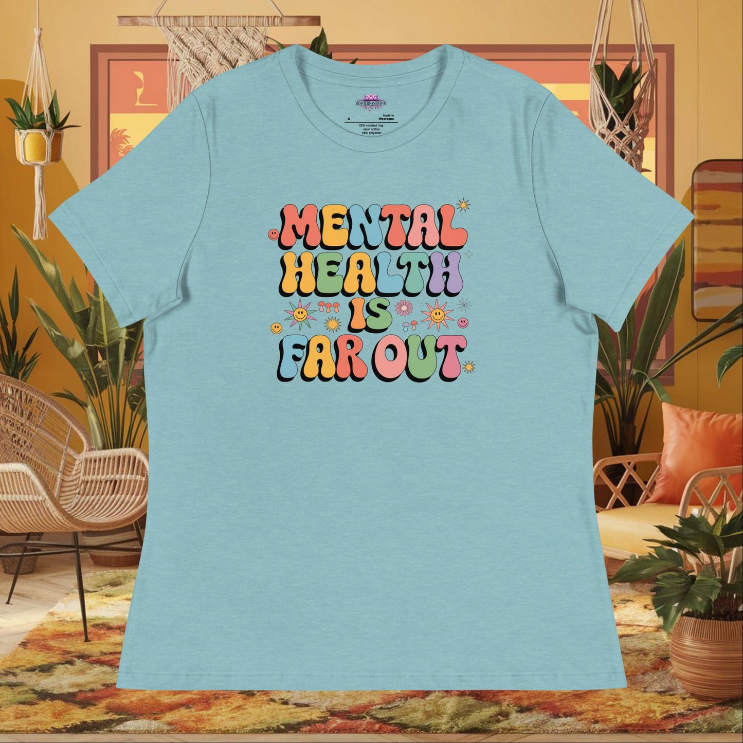 “Mental Health Is Far Out” women’s relaxed t-shirt featuring a retro 70s therapy-inspired design