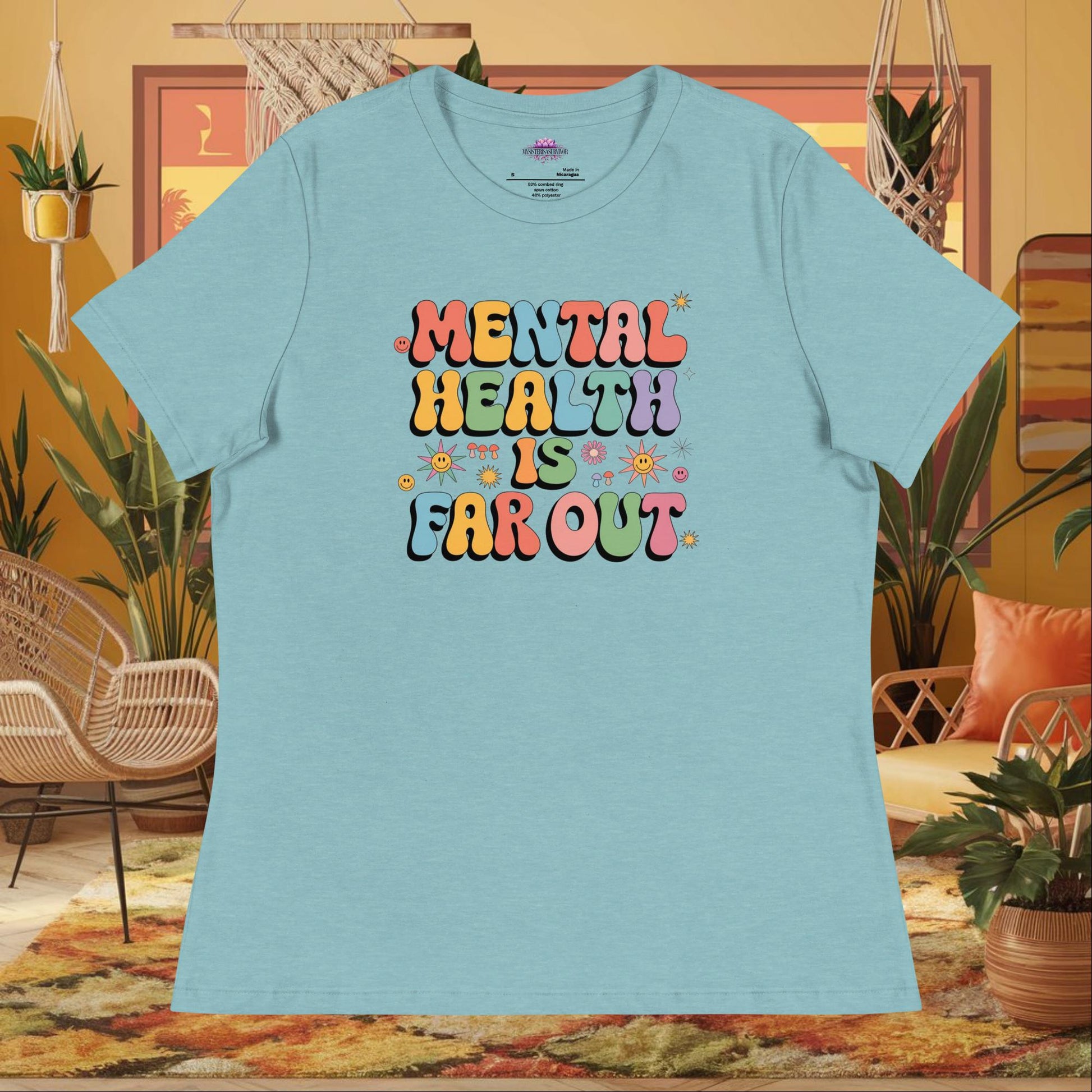 “Mental Health Is Far Out” women’s relaxed t-shirt featuring a retro 70s therapy-inspired design