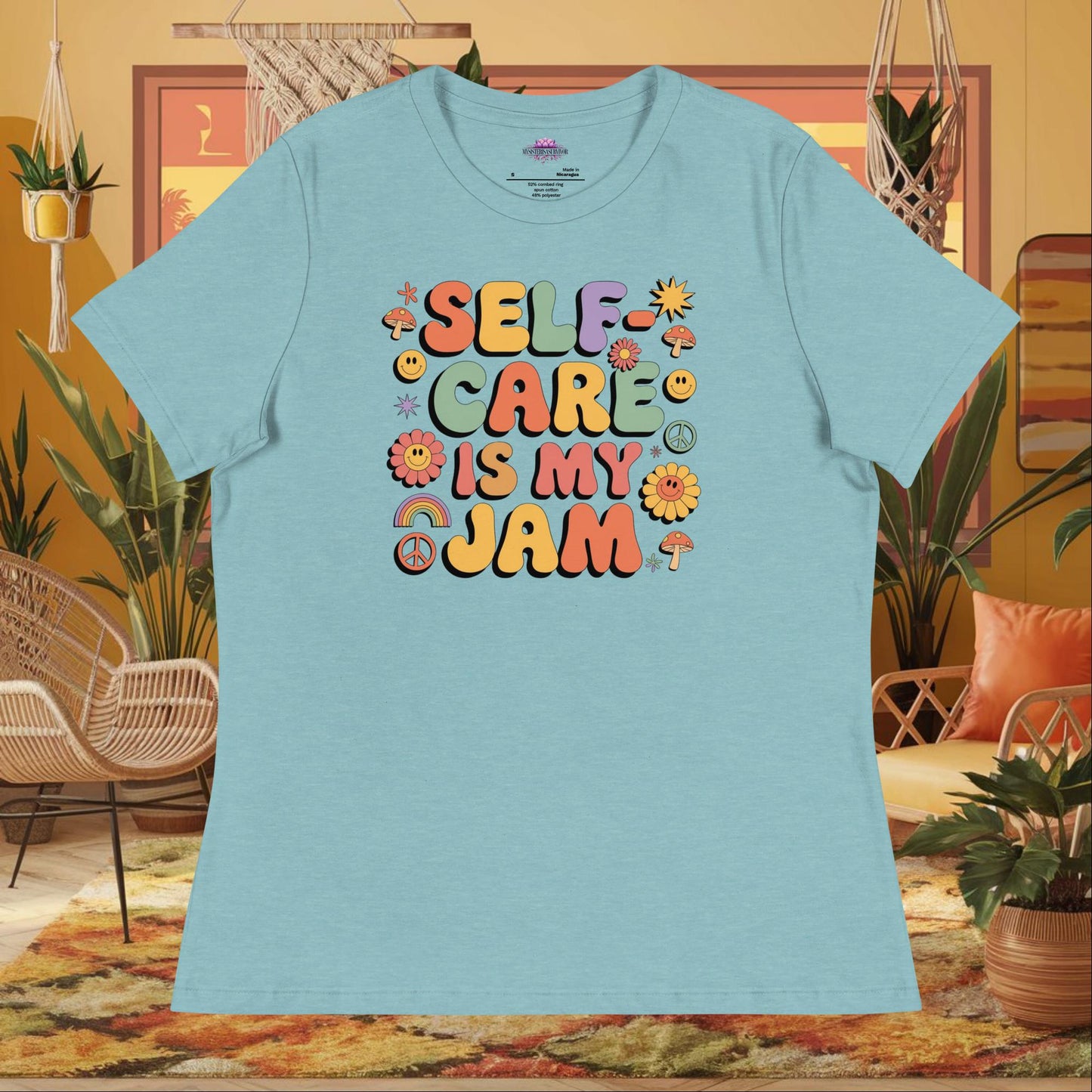 “Self-Care Is My Jam” women’s relaxed fit tee displaying self-love mental health design