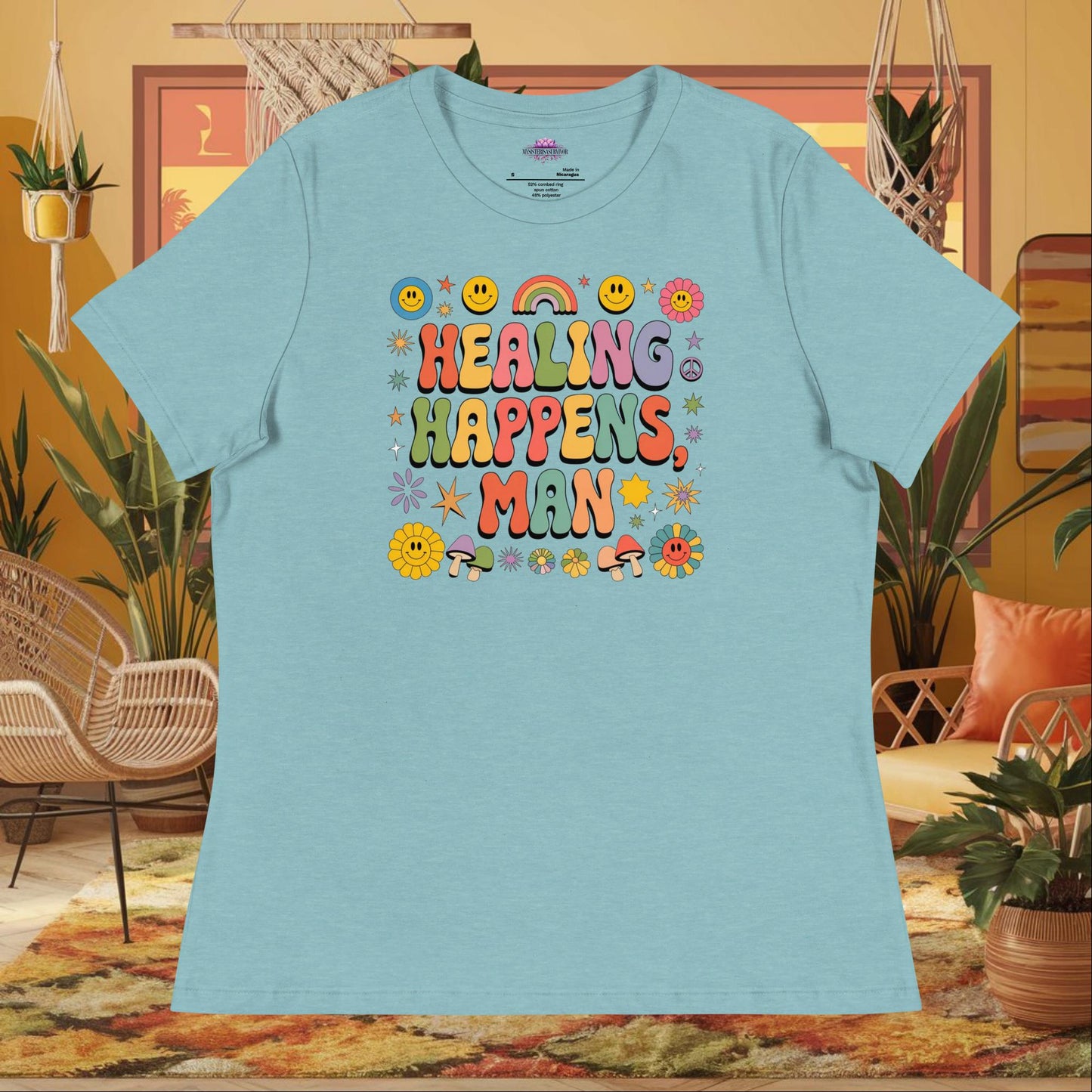 “Healing Happens, Man” women’s relaxed fit t-shirt displaying a retro mental health support design