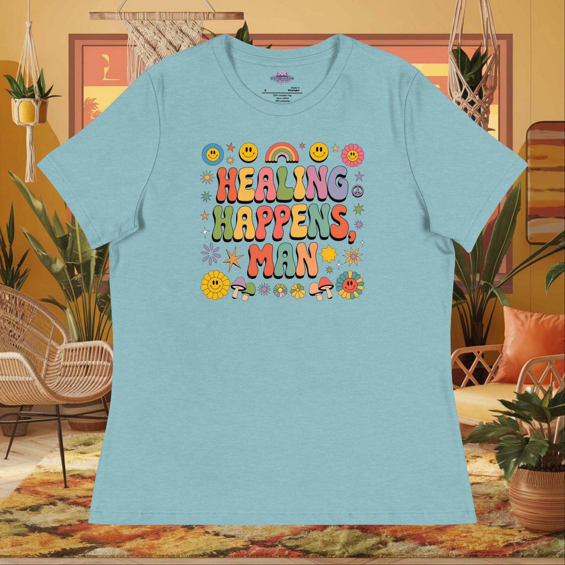 “Healing Happens, Man” women’s relaxed fit t-shirt displaying a retro mental health support design