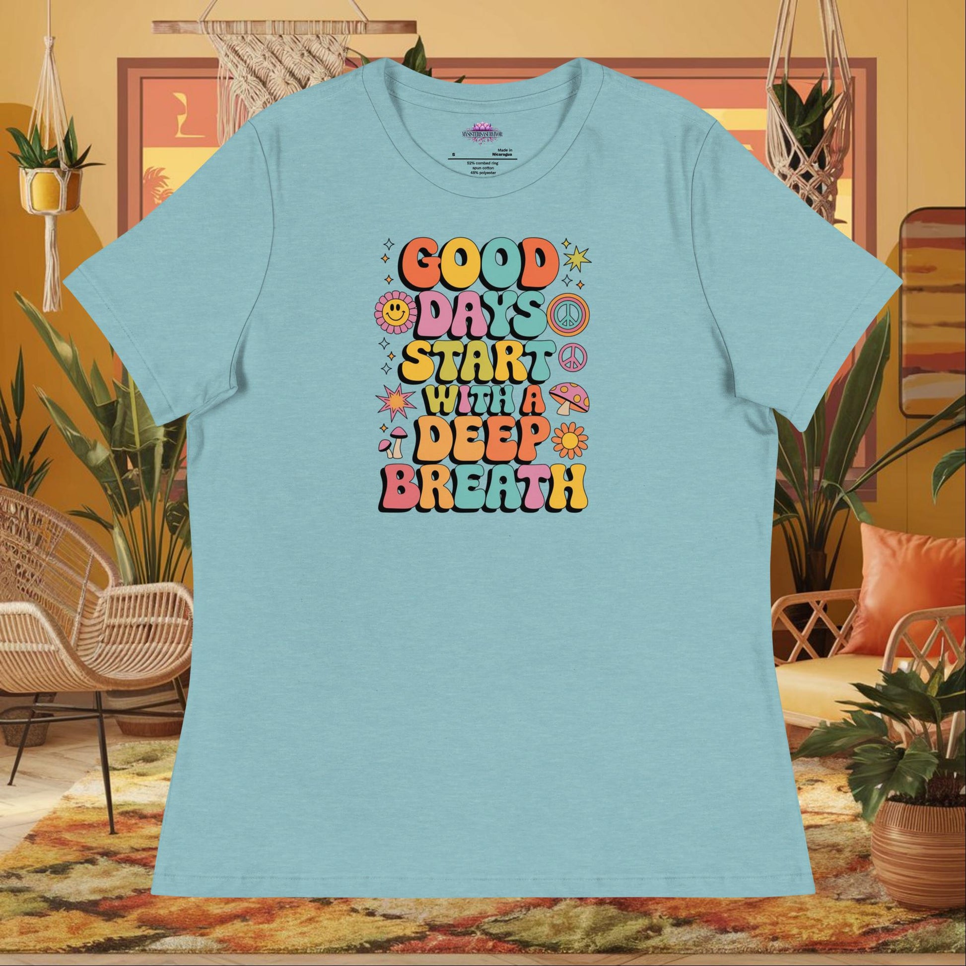 “Good Days Start with a Deep Breath” women’s relaxed fit tee with anxiety relief wellness quote