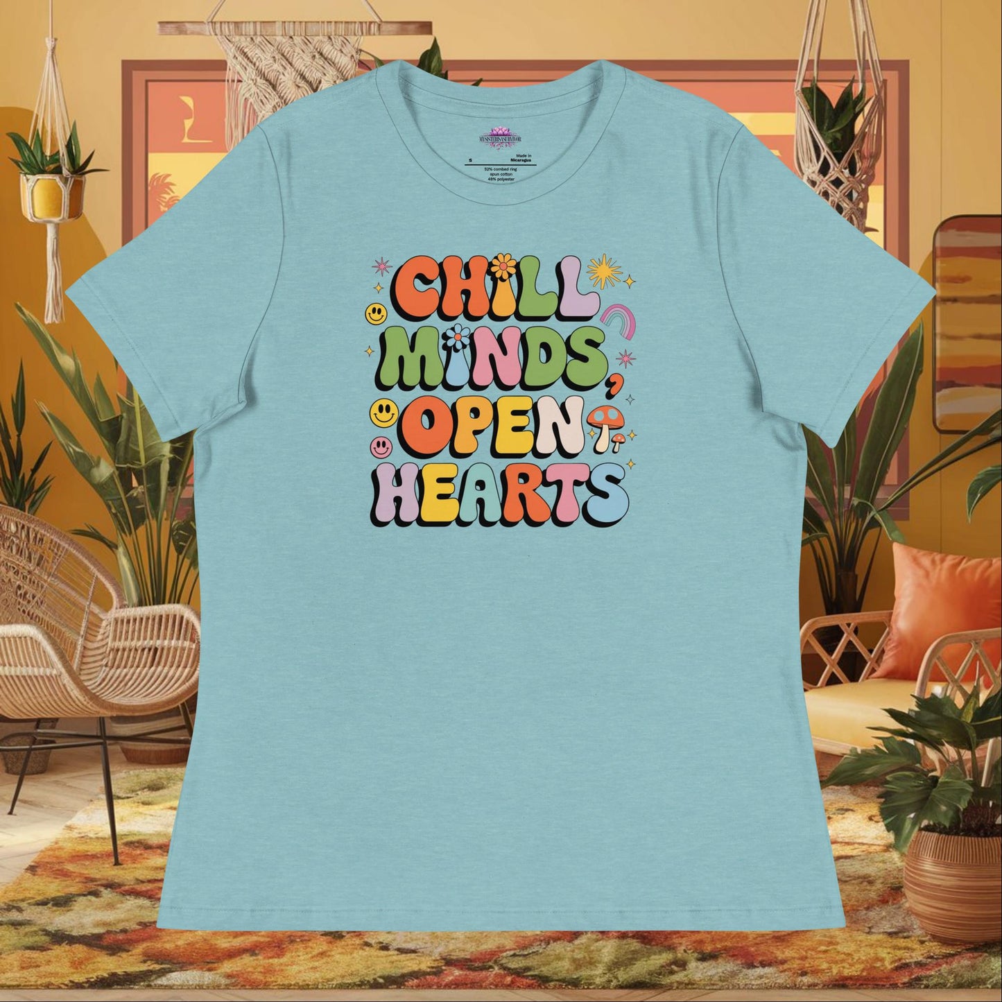 “Chill Minds Open Hearts” women’s relaxed t-shirt with positive mental health and wellness message