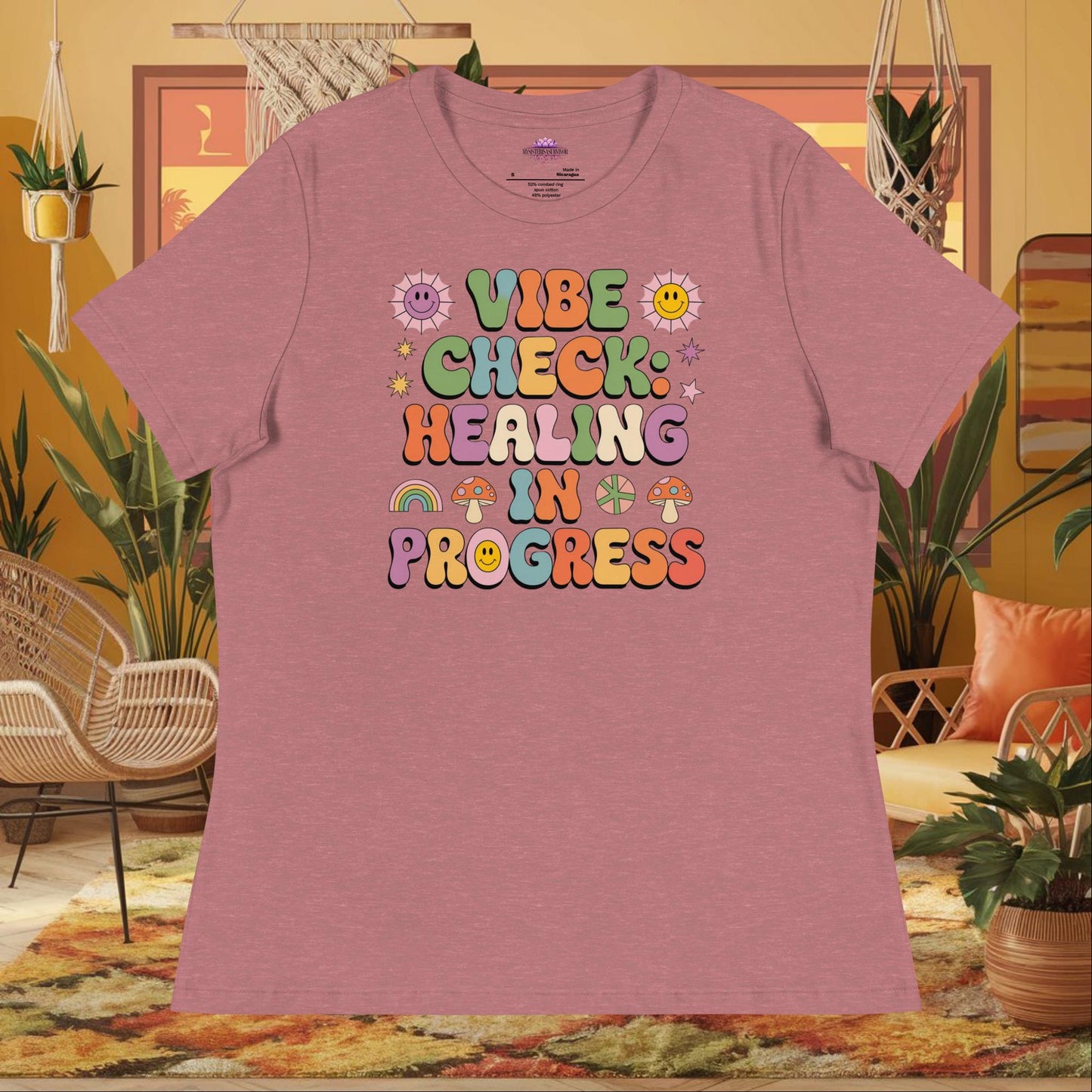 “Vibe Check Healing in Progress” women’s relaxed t-shirt featuring positive mental health design