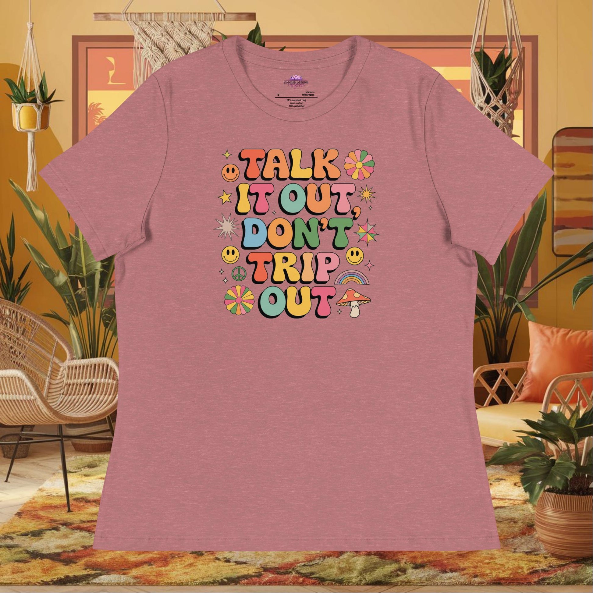 “Talk It Out Don’t Trip Out” women’s relaxed fit tee displaying therapy mental health support quote