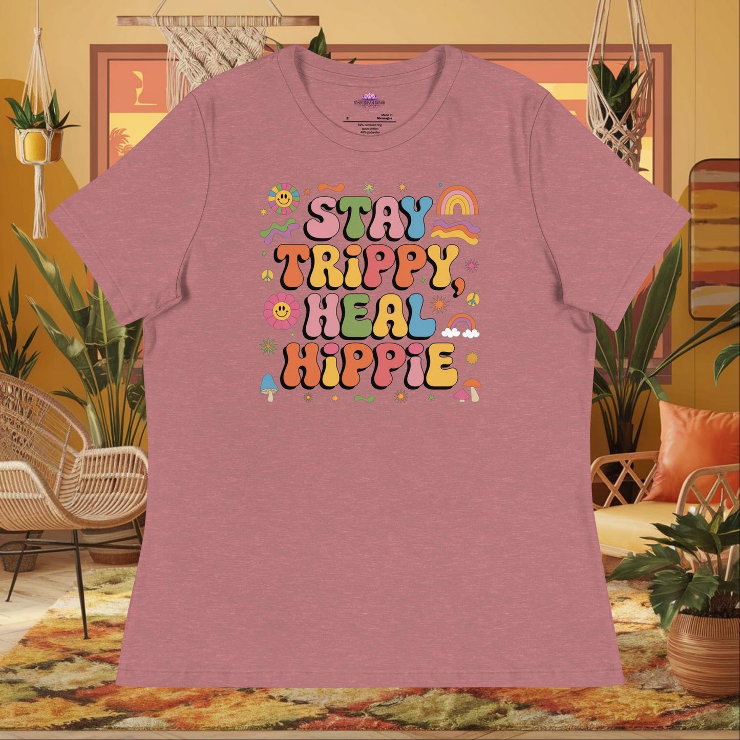 “Stay Trippy, Heal Hippie” women’s relaxed fit tee featuring positive healing mental health design