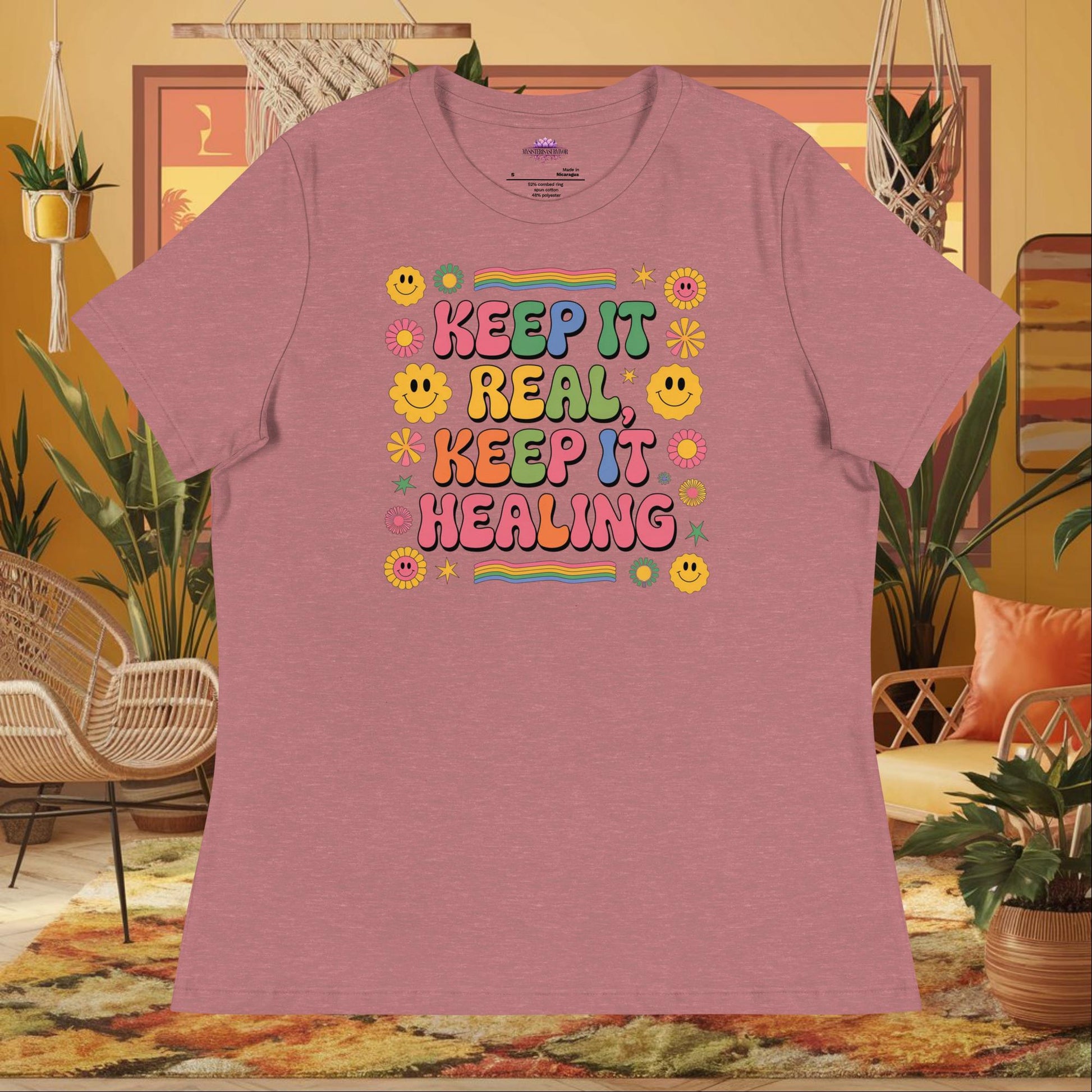 “Keep It Real, Keep It Healing” women’s relaxed fit tee with positive mental health quote