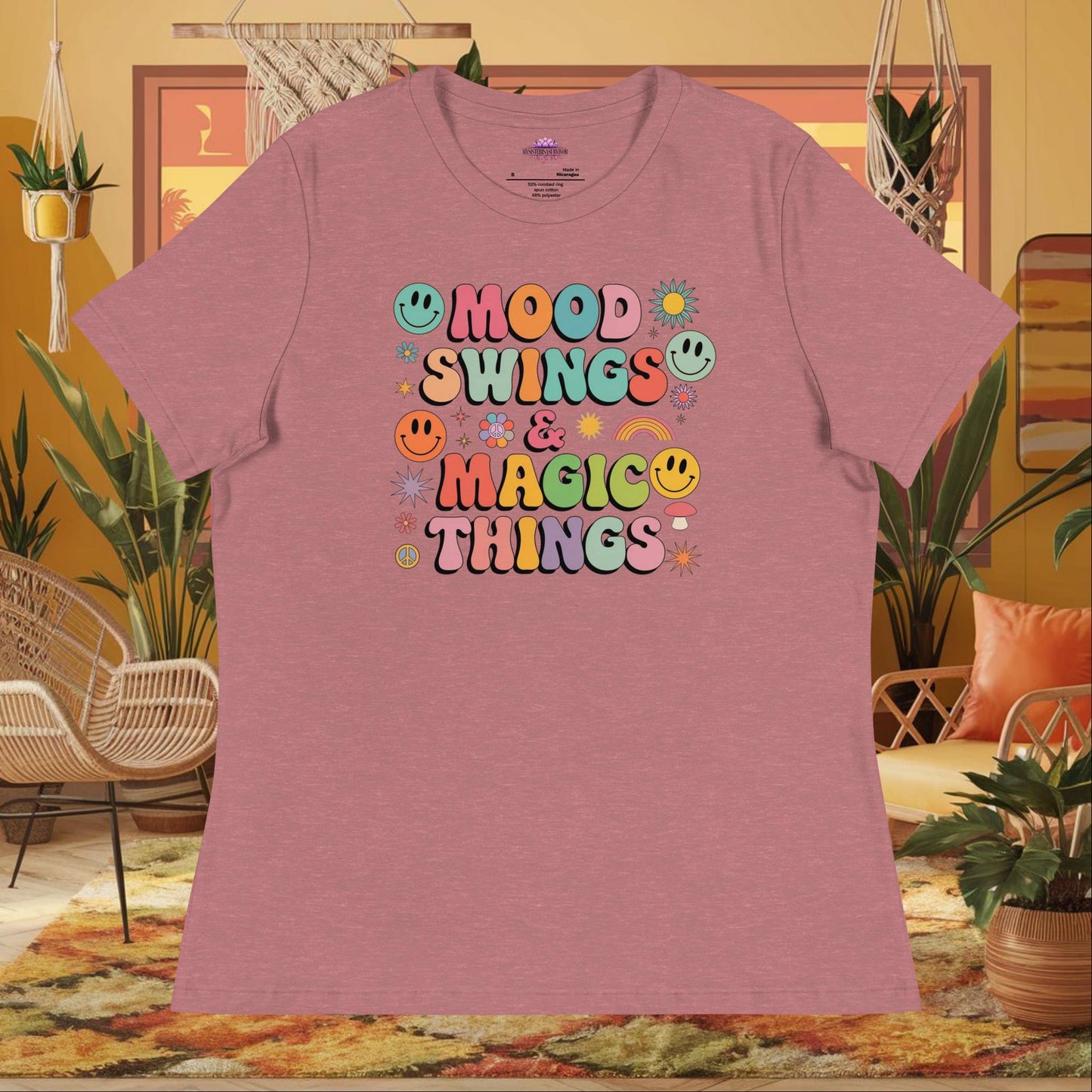 “Mood Swings & Magic Things” women’s relaxed fit tee with whimsical self-care design