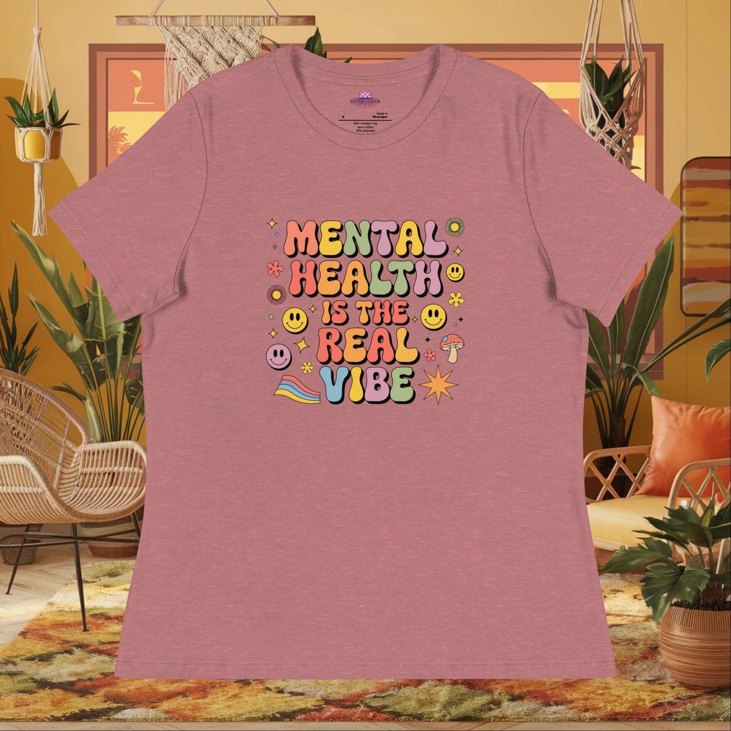 “Mental Health Is the Real Vibe” women’s relaxed fit tee with healing and therapy message