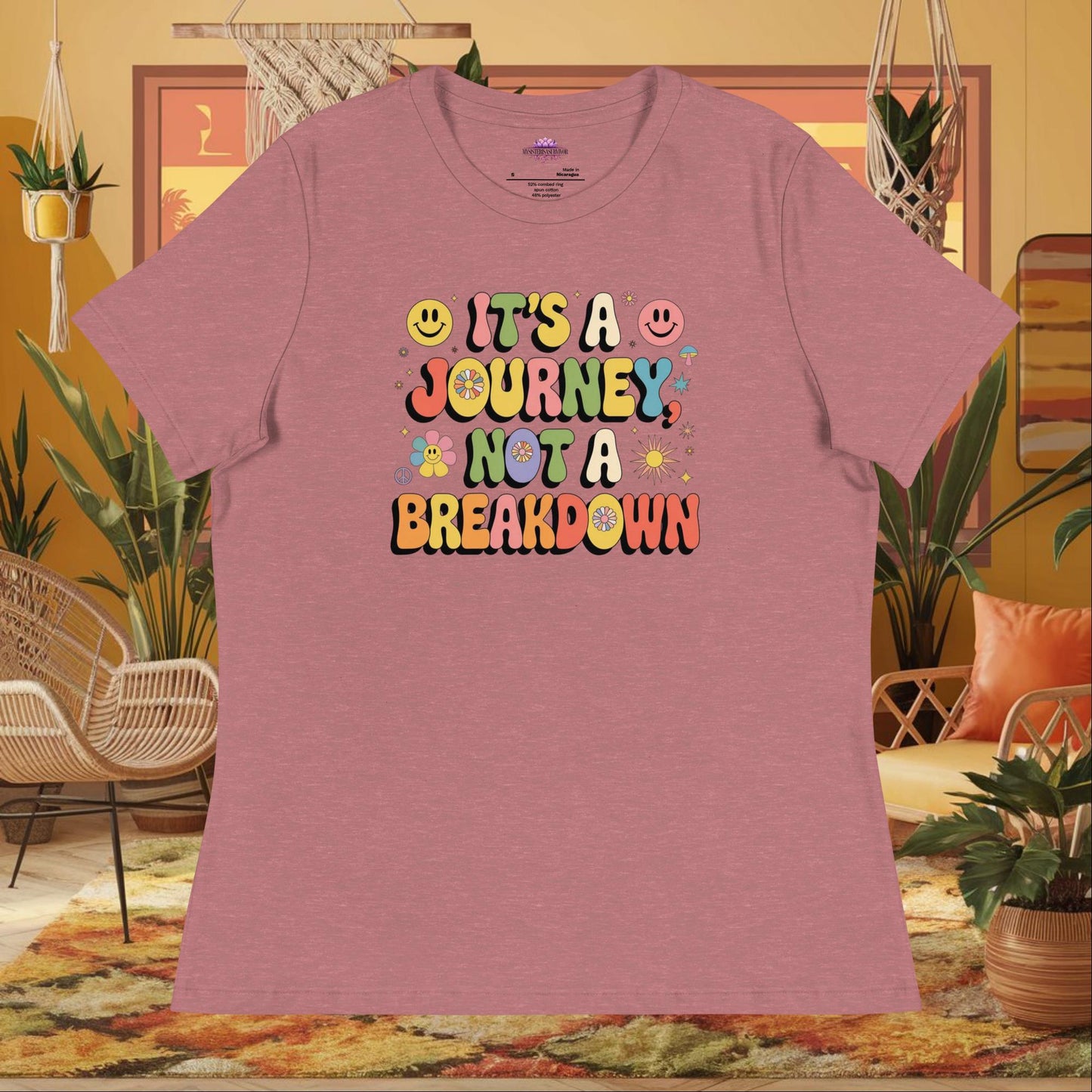 “It’s a Journey, Not a Breakdown” women’s relaxed fit tee showing a mental health healing quote