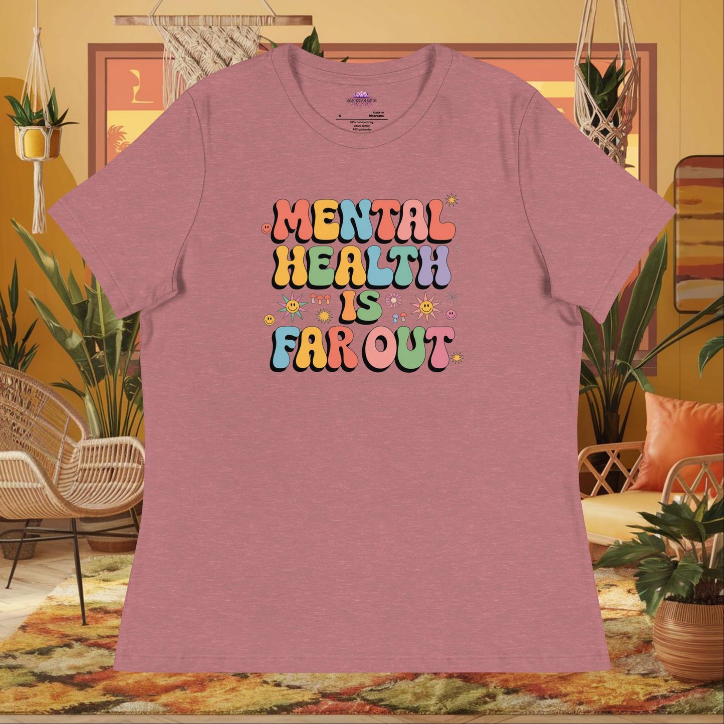 “Mental Health Is Far Out” women’s relaxed t-shirt featuring a retro 70s therapy-inspired design