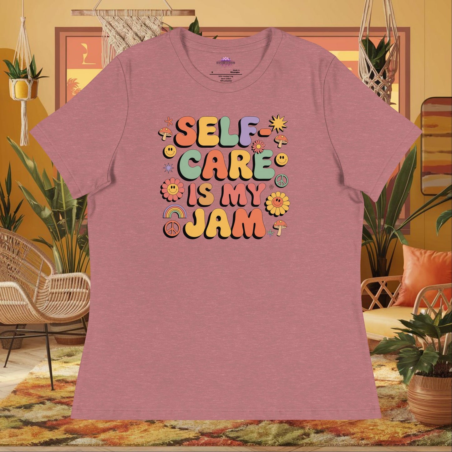 “Self-Care Is My Jam” women’s relaxed fit tee displaying self-love mental health design
