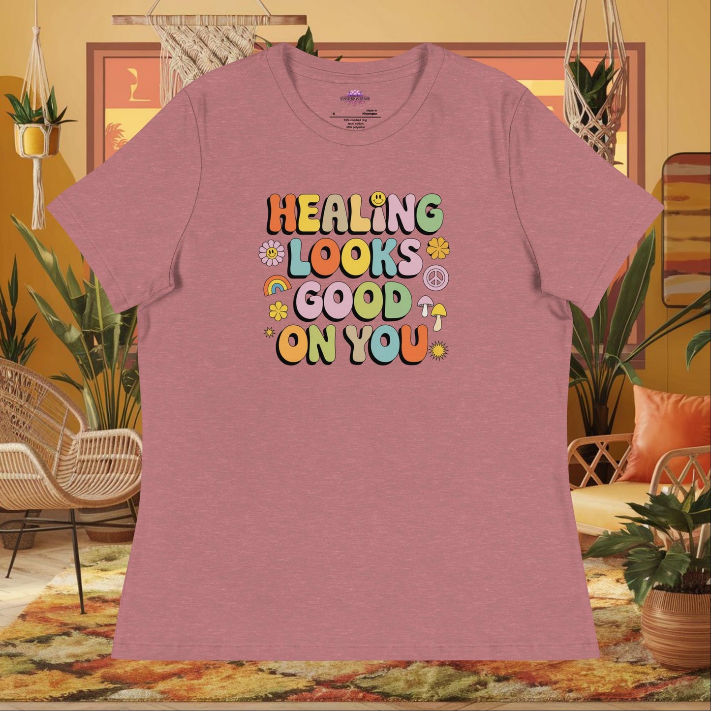 “Healing Looks Good on You” women’s relaxed t-shirt with self-care affirmation mental health message