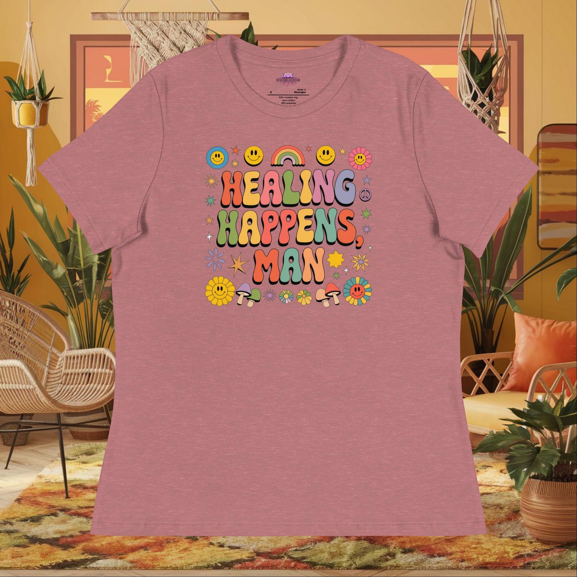 “Healing Happens, Man” women’s relaxed fit t-shirt displaying a retro mental health support design