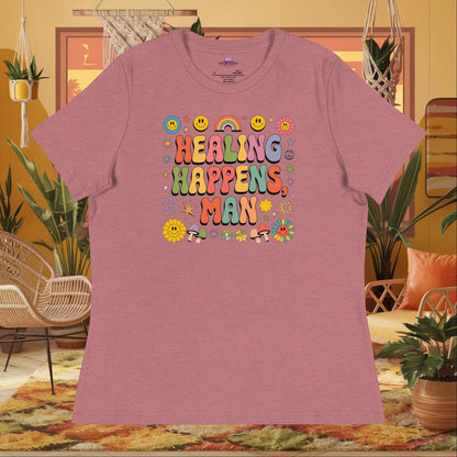 “Healing Happens, Man” women’s relaxed fit t-shirt displaying a retro mental health support design