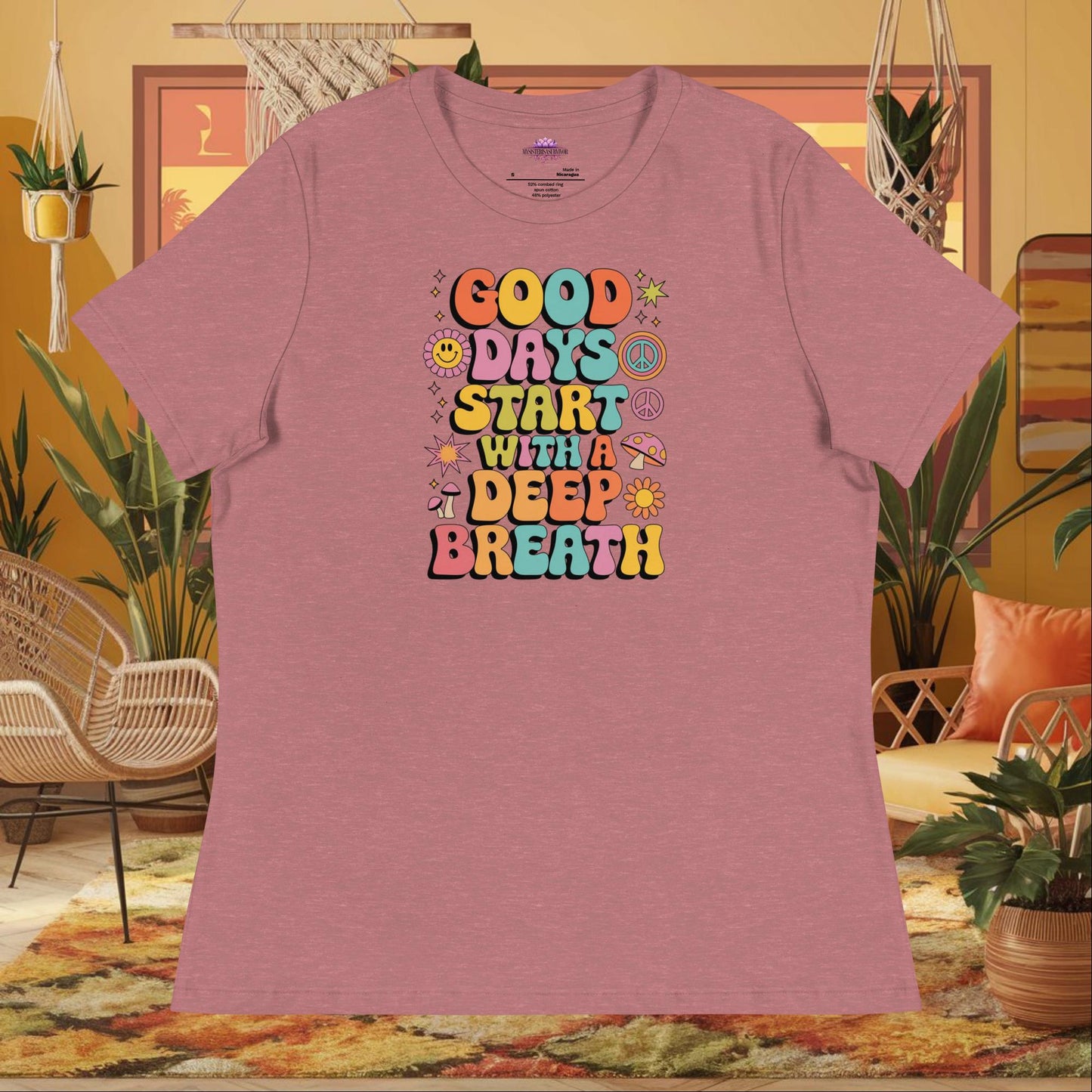 “Good Days Start with a Deep Breath” women’s relaxed fit tee with anxiety relief wellness quote