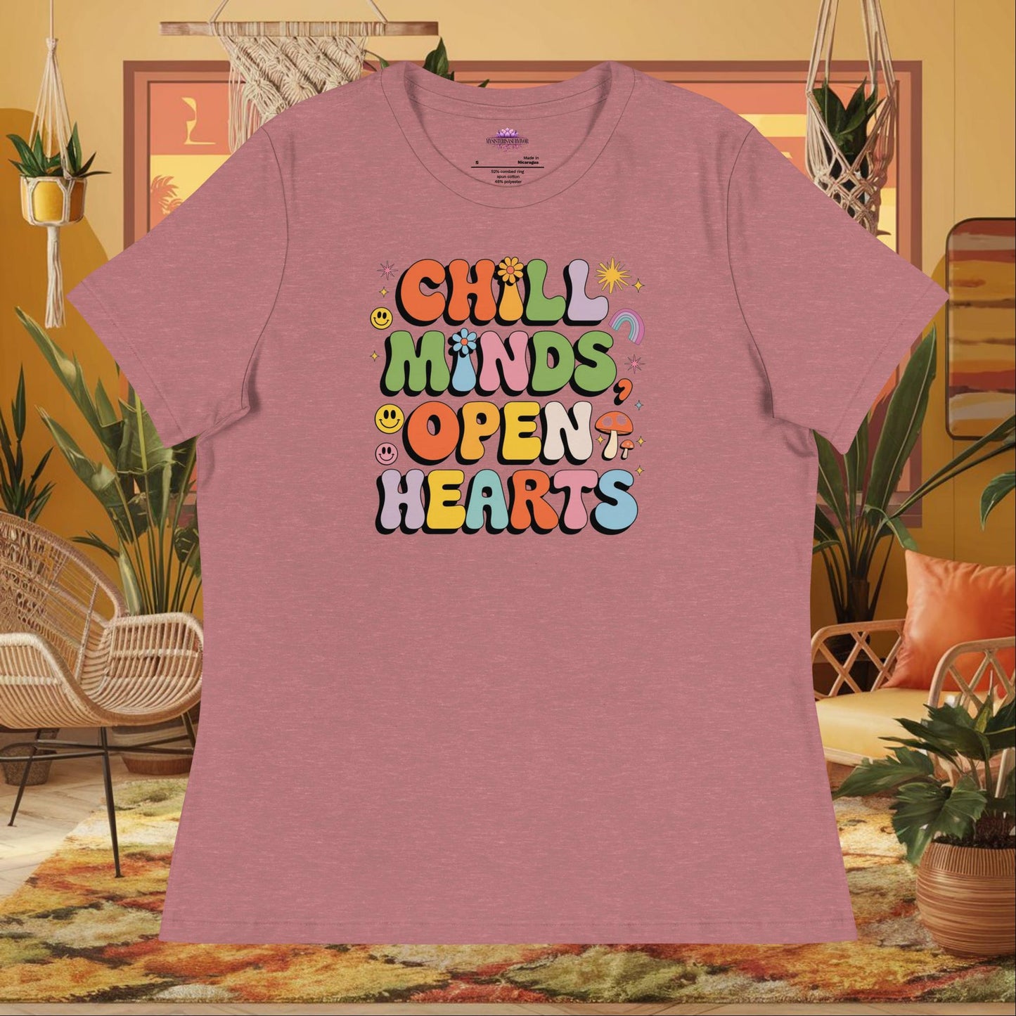 “Chill Minds Open Hearts” women’s relaxed t-shirt with positive mental health and wellness message
