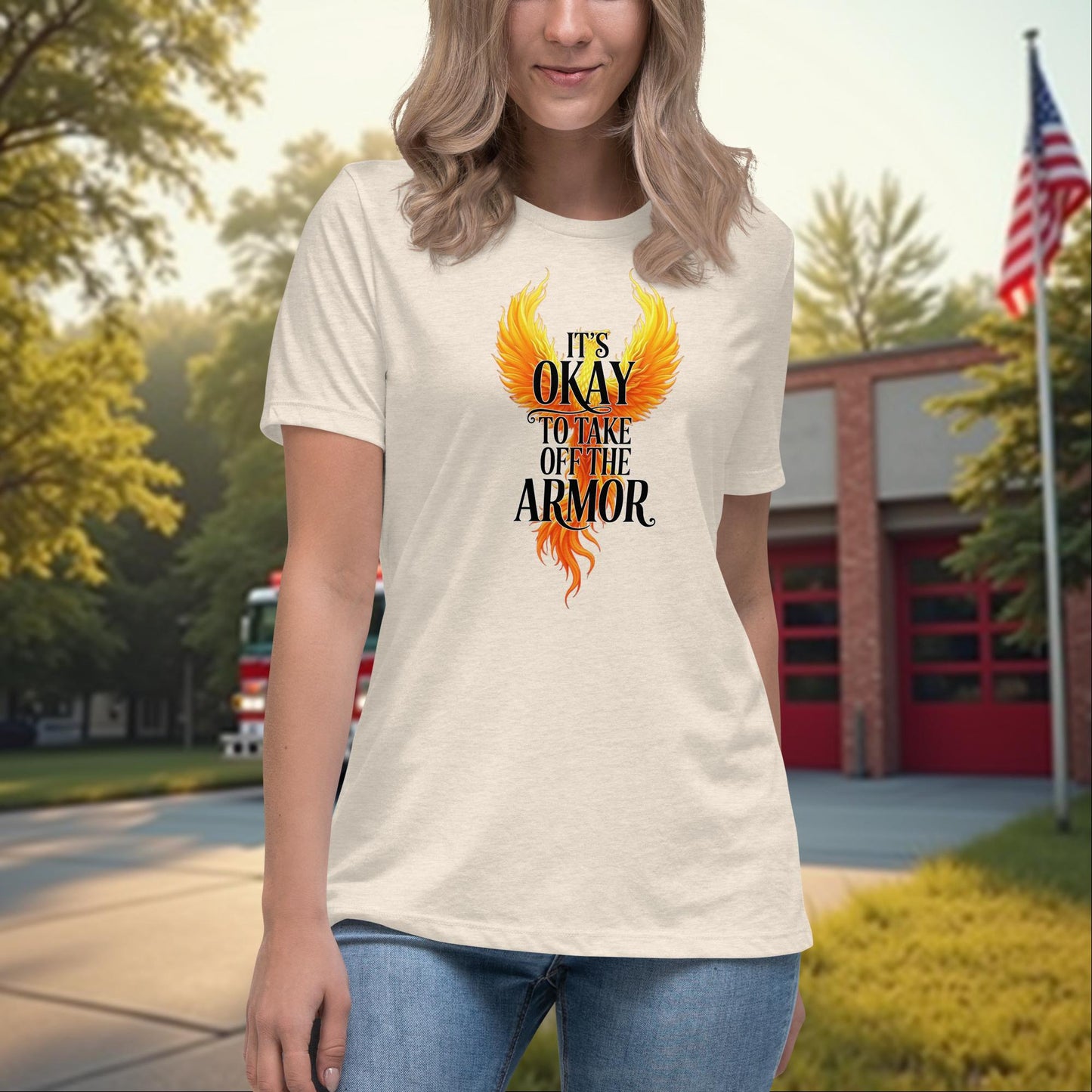 It’s Okay To Take Off The Armor firefighter self-care women’s shirt, mental health awareness tee