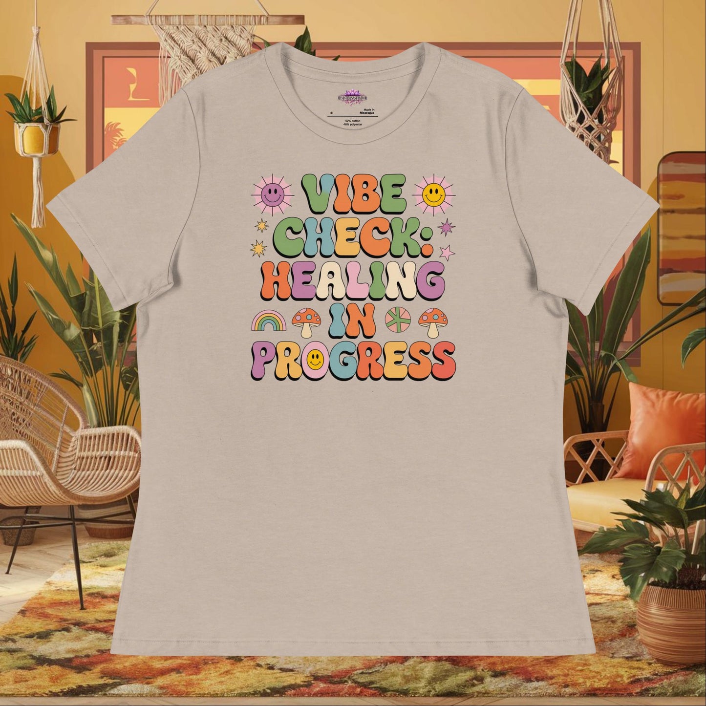 “Vibe Check Healing in Progress” women’s relaxed t-shirt featuring positive mental health design