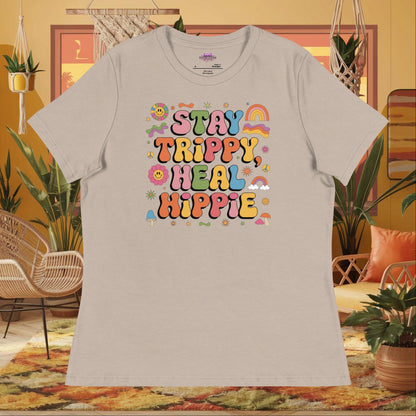 “Stay Trippy, Heal Hippie” women’s relaxed fit tee featuring positive healing mental health design