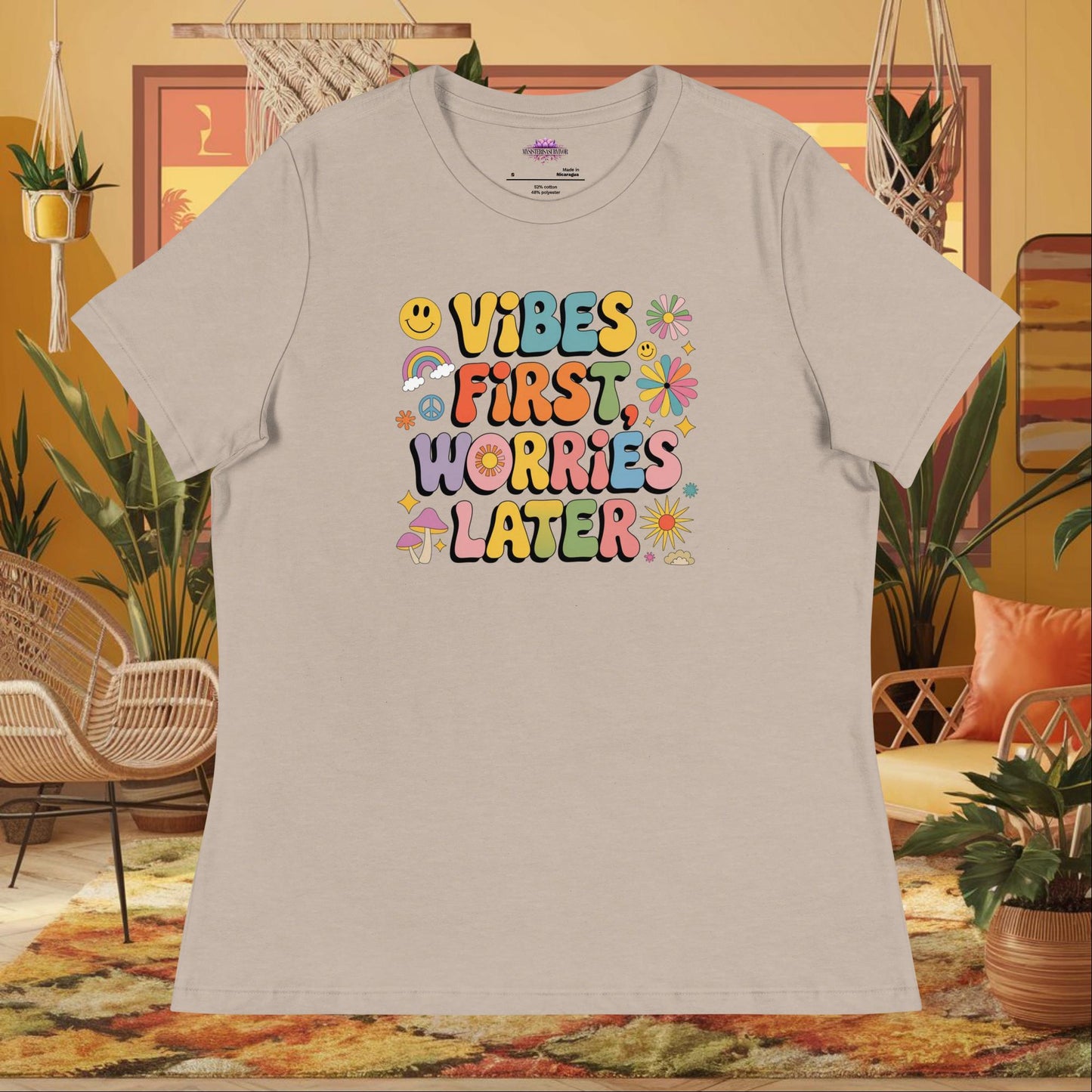 “Vibes First Worries Later” women’s relaxed fit tee with self-care mental health message