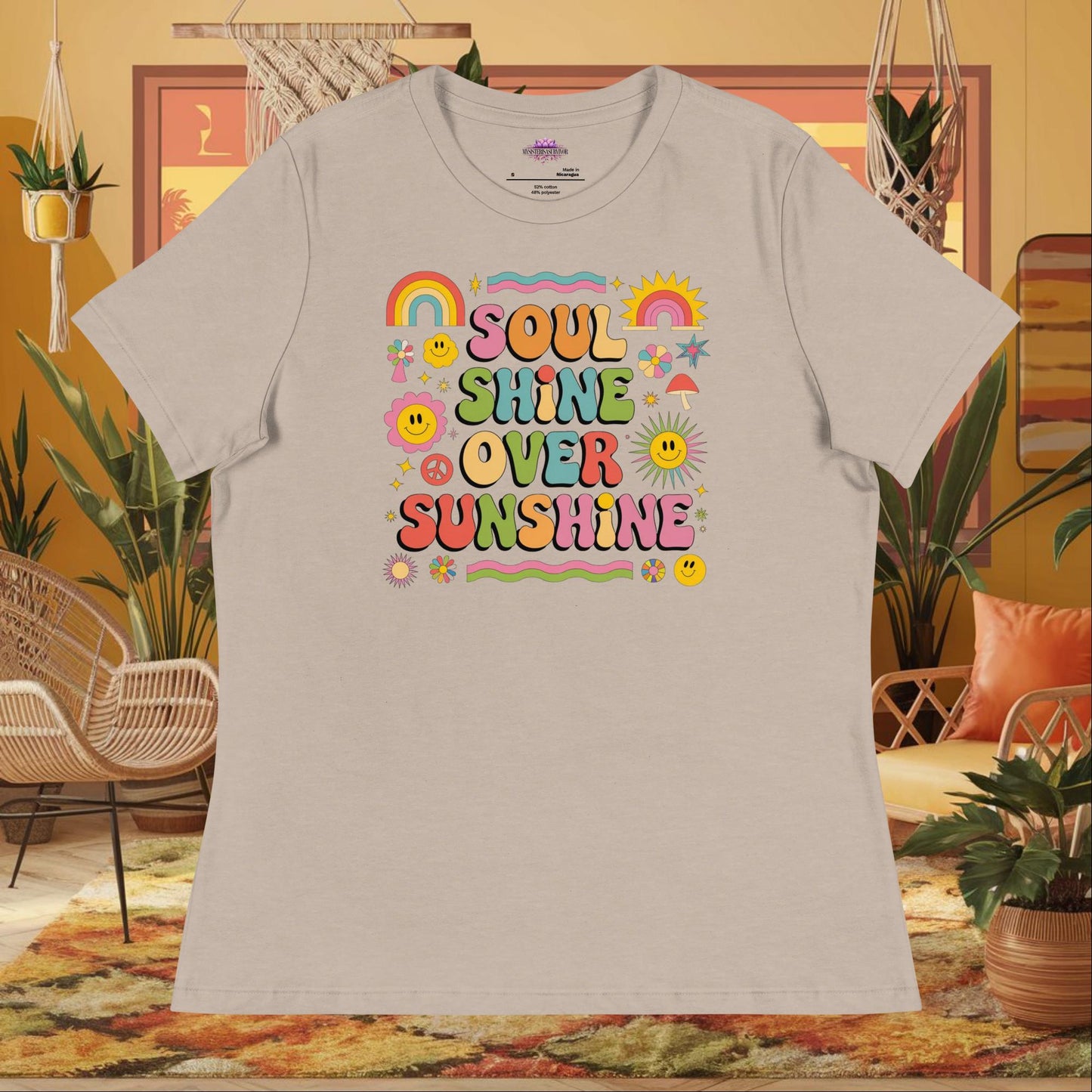 “Soul Shine Over Sunshine” women’s relaxed t-shirt with spiritual wellness mental health quote