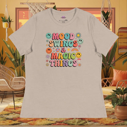 “Mood Swings & Magic Things” women’s relaxed fit tee with whimsical self-care design