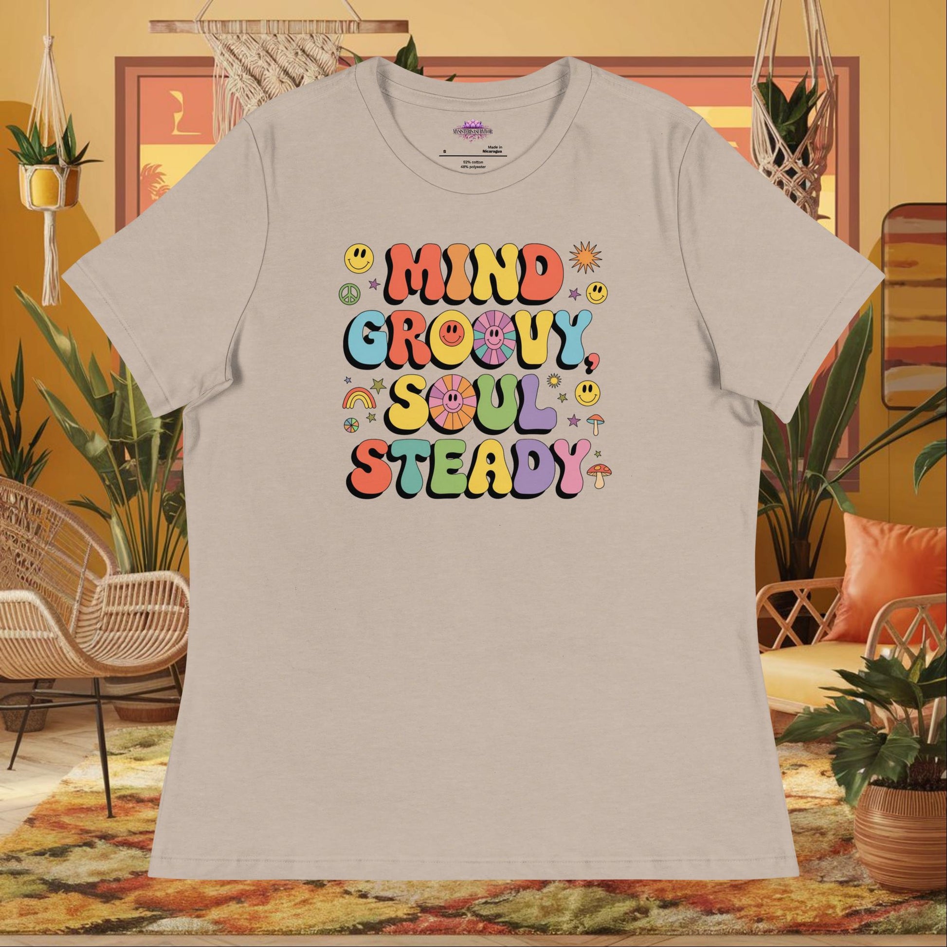 “Mind Groovy, Soul Steady” women’s relaxed t-shirt displaying positive energy wellness quote