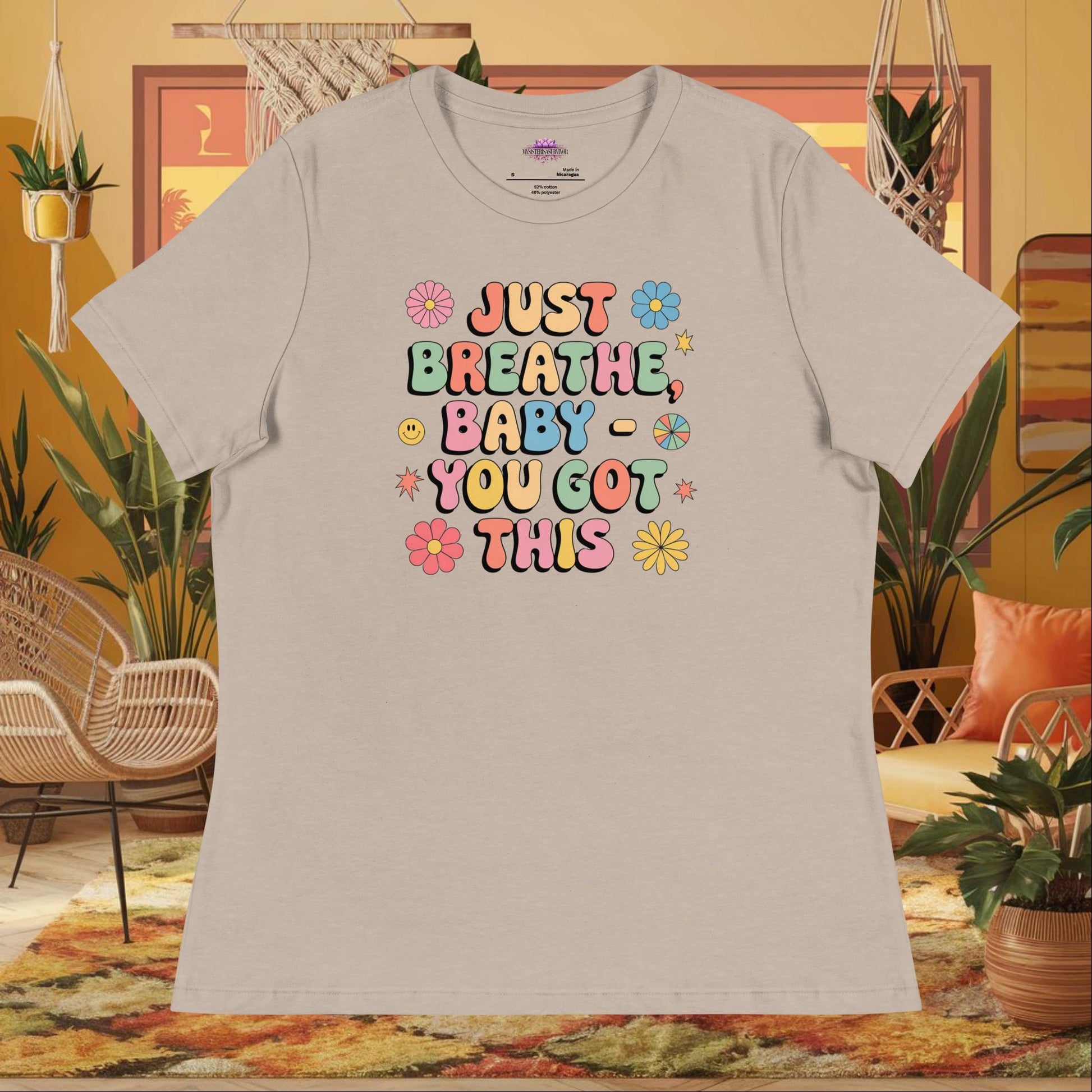 “Just Breathe, Baby You Got This” women’s relaxed t-shirt with anxiety support affirmation design