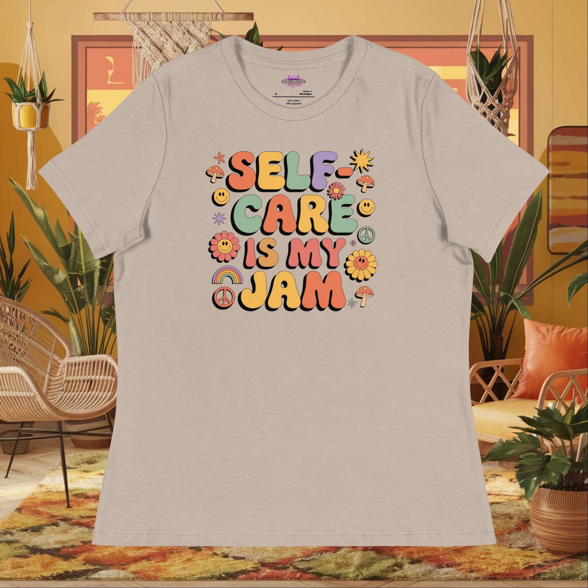 “Self-Care Is My Jam” women’s relaxed fit tee displaying self-love mental health design