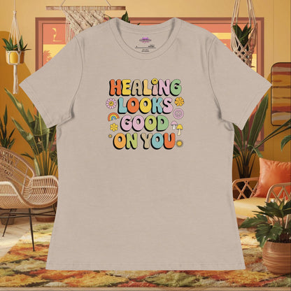 “Healing Looks Good on You” women’s relaxed t-shirt with self-care affirmation mental health message